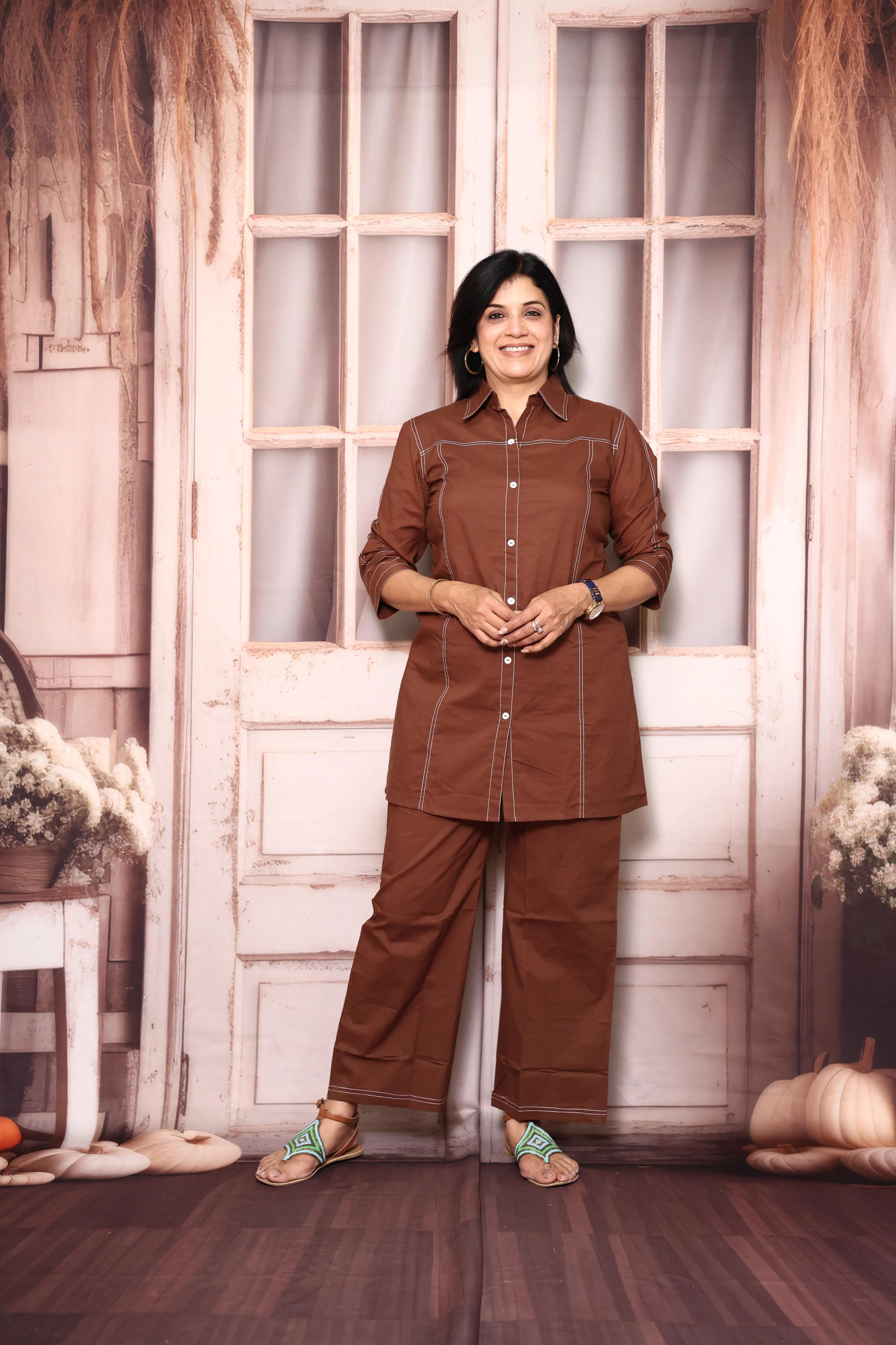Cinnamon Brown Collar Neck Co-Ord Set | Soft Cotton Thread Work Office Wear for Women