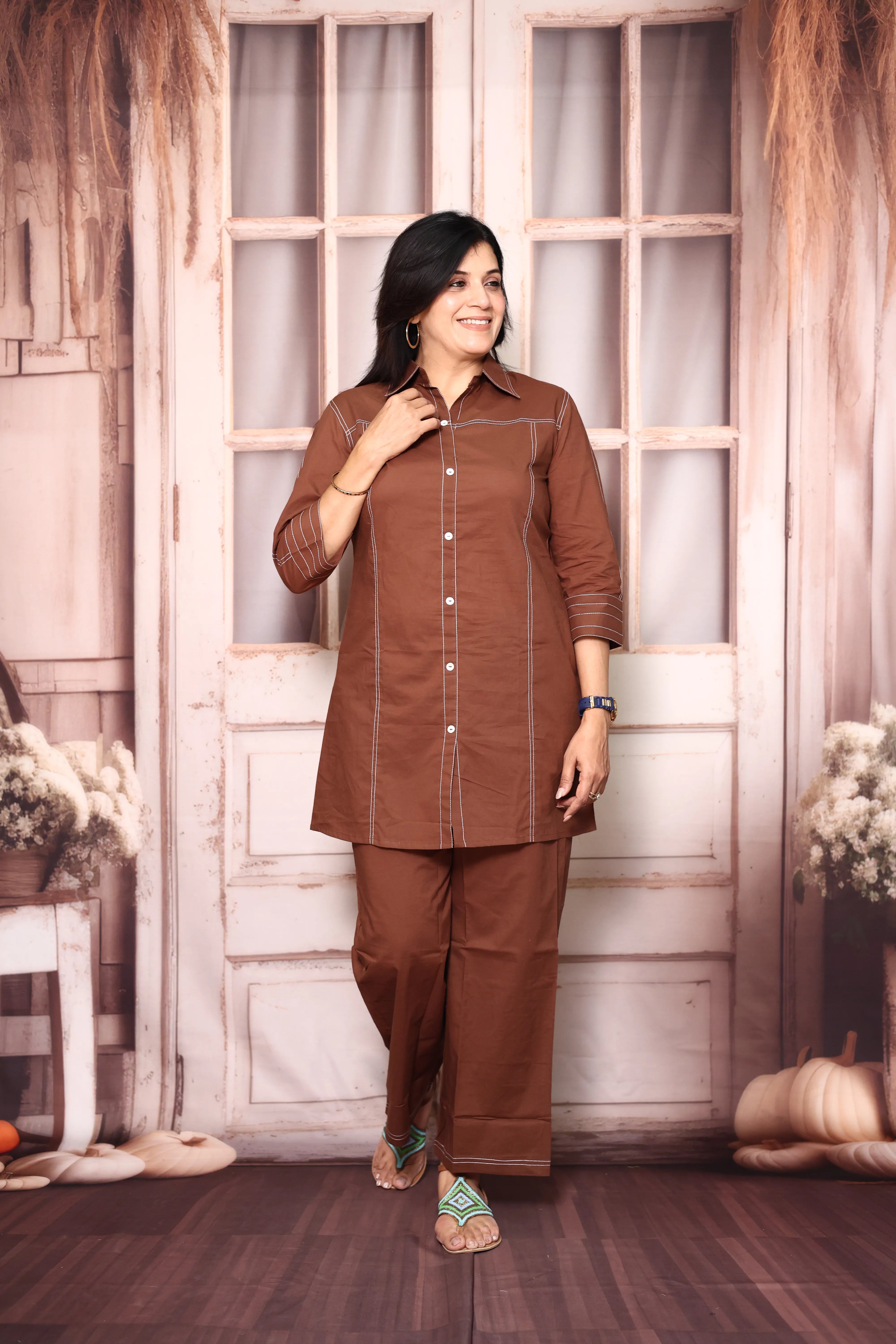 Cinnamon Brown Collar Neck Co-Ord Set | Soft Cotton Thread Work Office Wear for Women