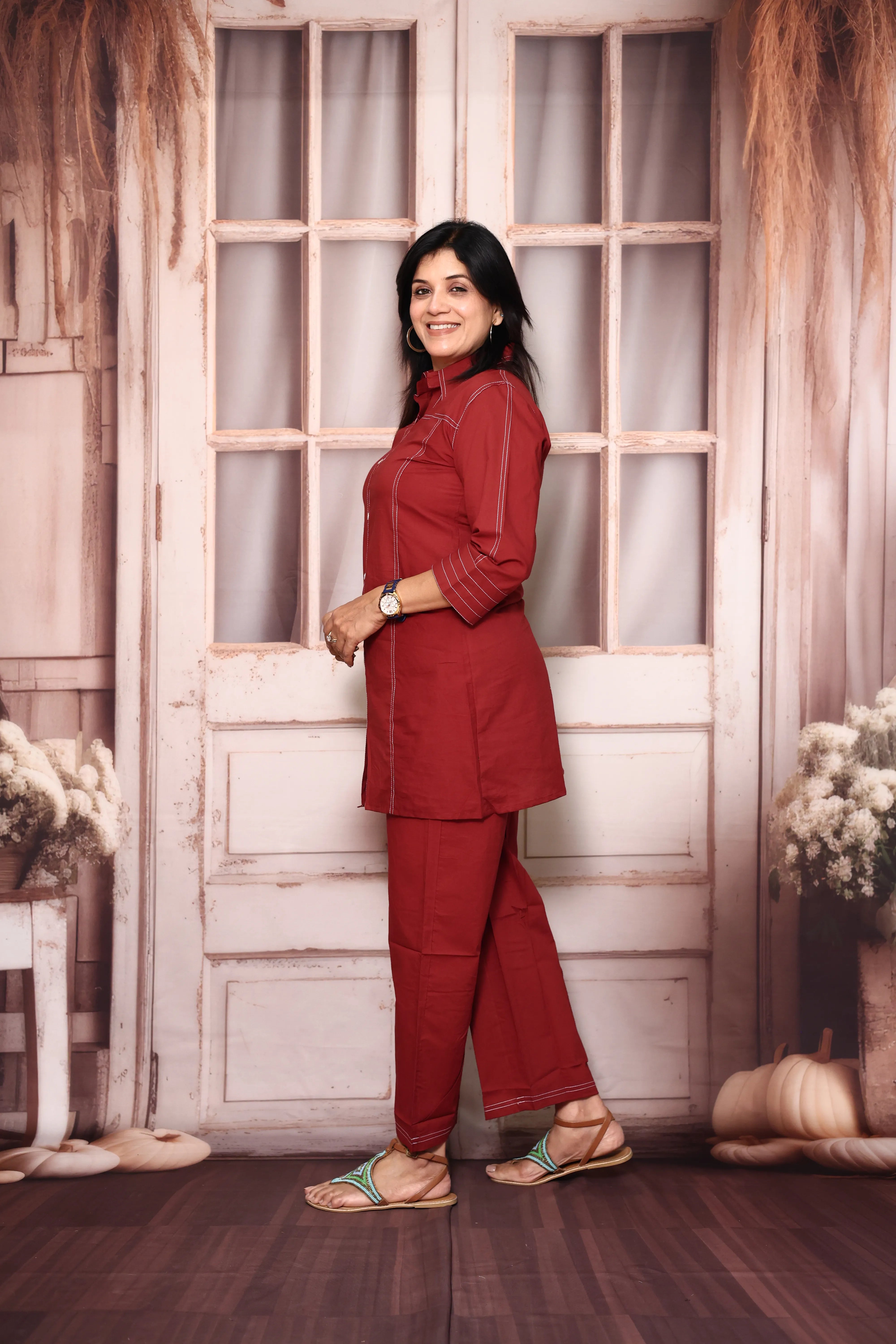 Maroon Collar Neck Co-Ord Set | Soft Cotton Thread Work Office Wear for Women