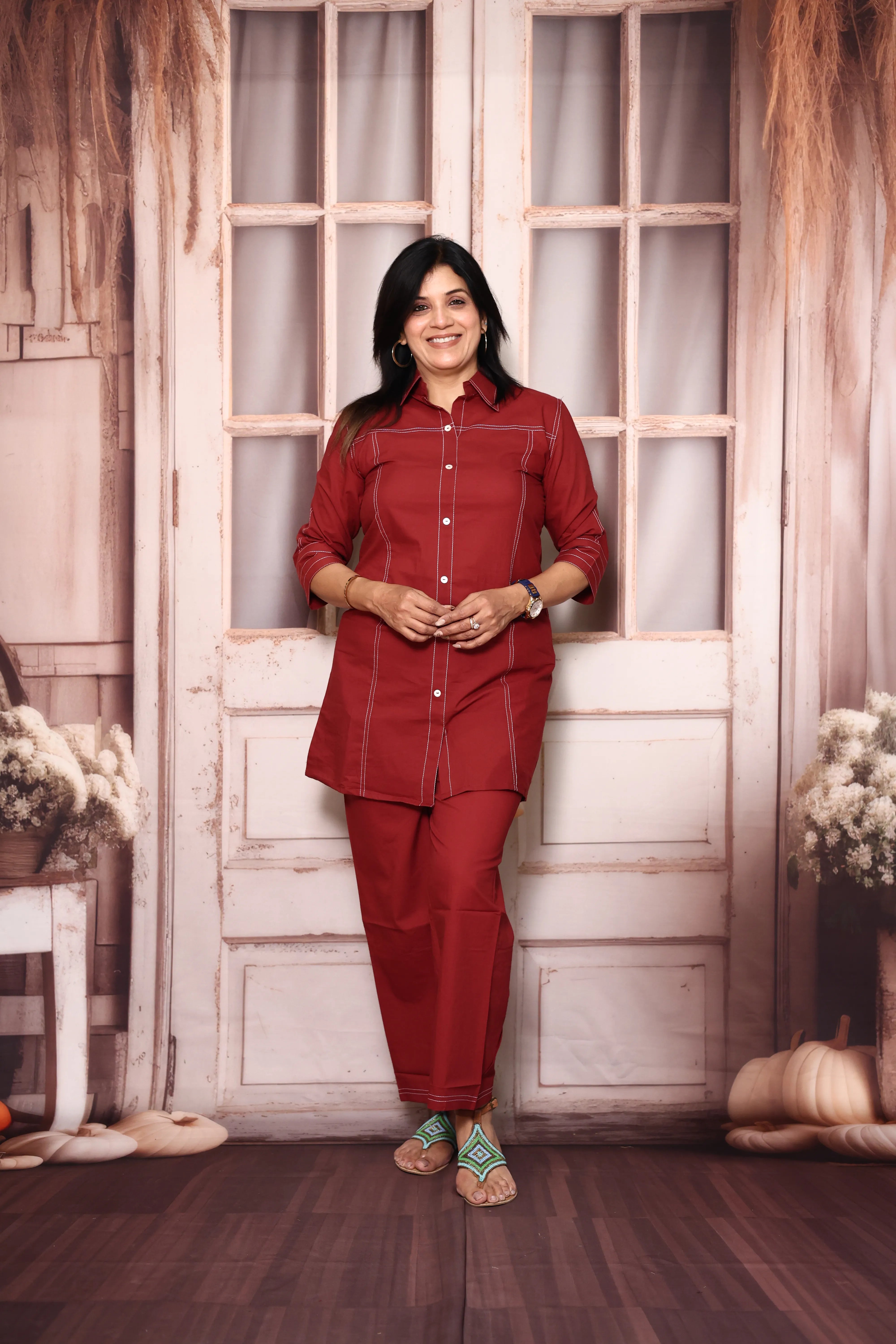 Maroon Collar Neck Co-Ord Set | Soft Cotton Thread Work Office Wear for Women