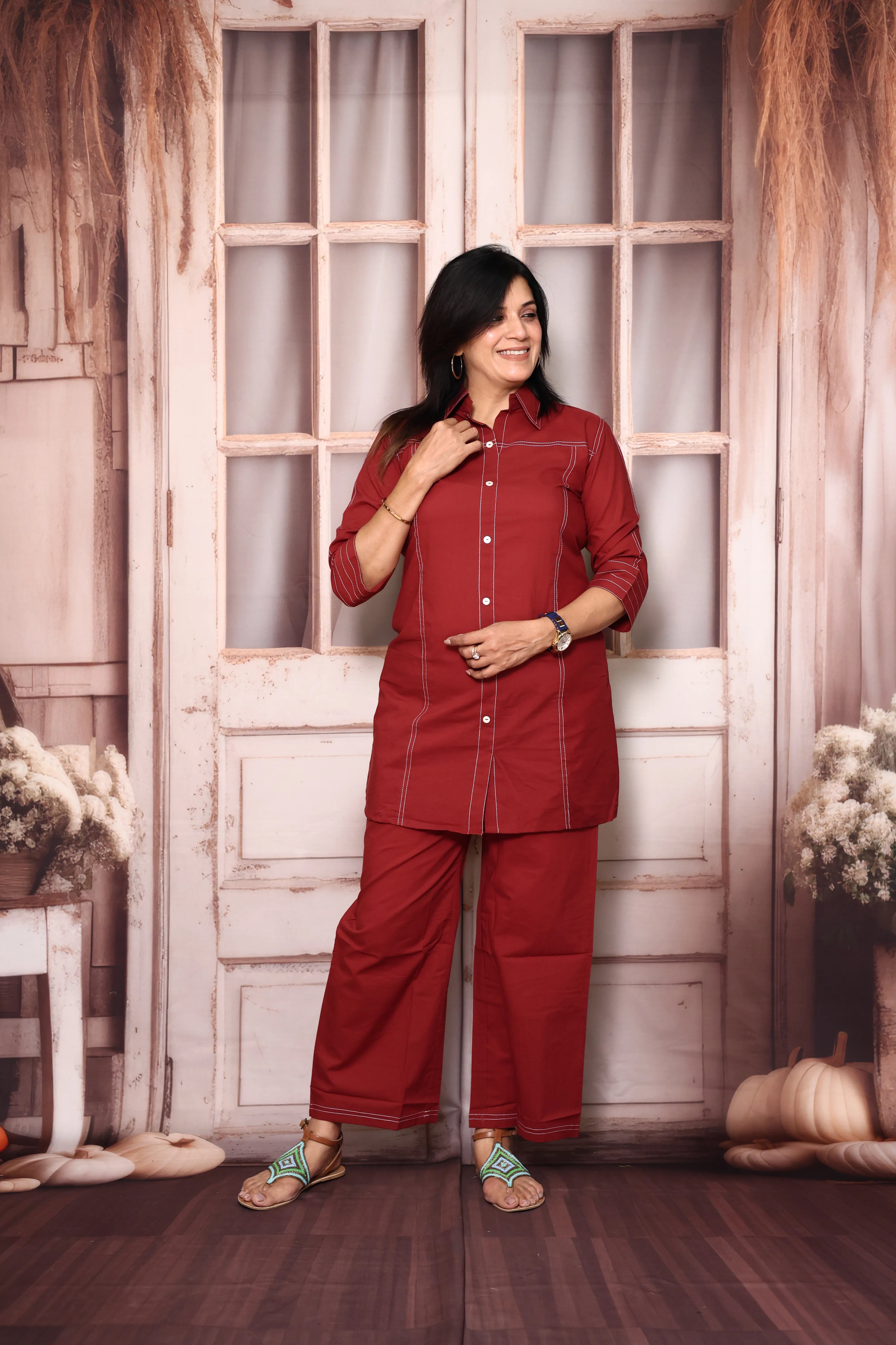 Maroon Collar Neck Co-Ord Set | Soft Cotton Thread Work Office Wear for Women