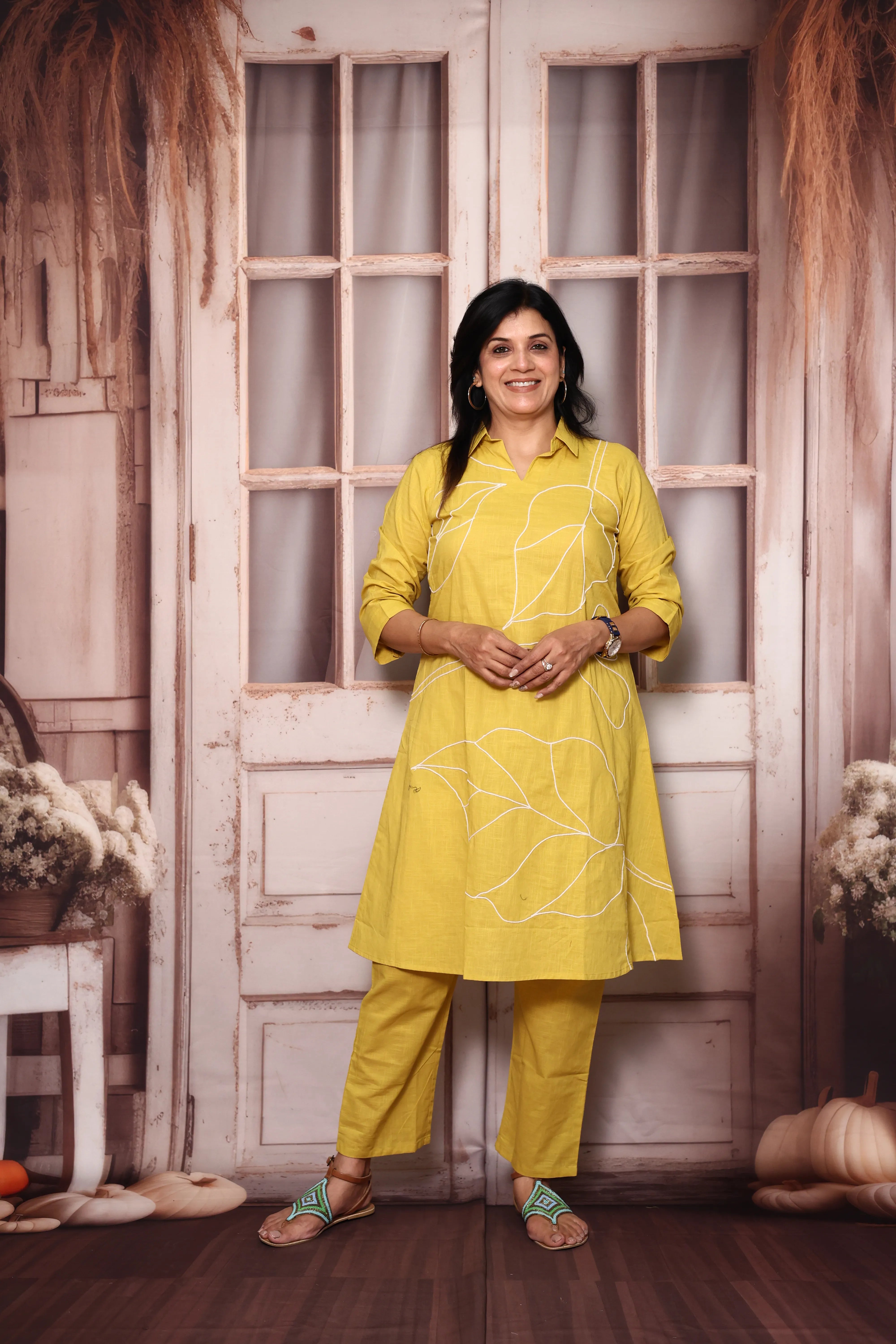 Yellow Knee Length Collar Neck Top Pant Co-Ord Set | Cotton Wear for Women