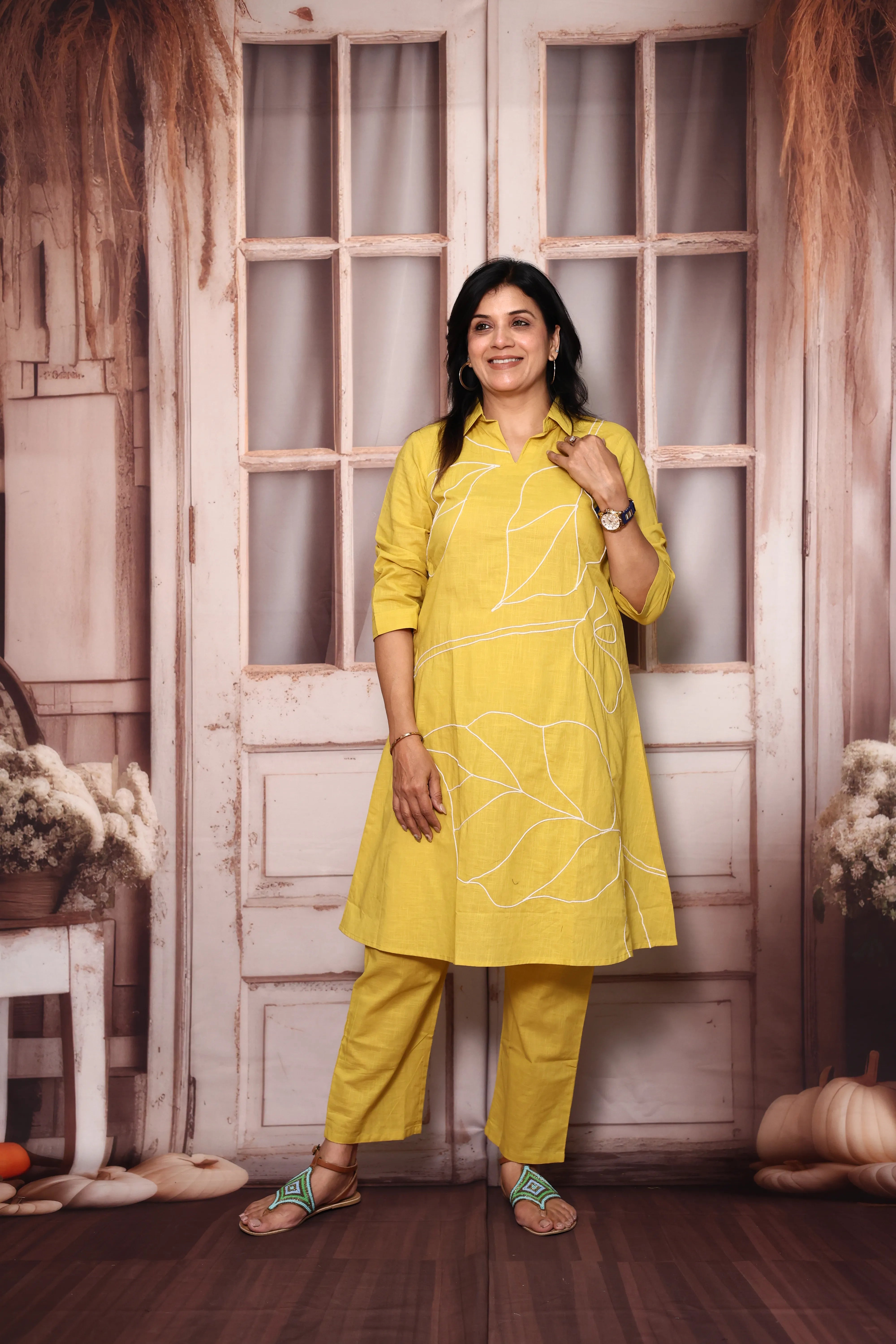 Yellow Knee Length Collar Neck Top Pant Co-Ord Set | Cotton Wear for Women