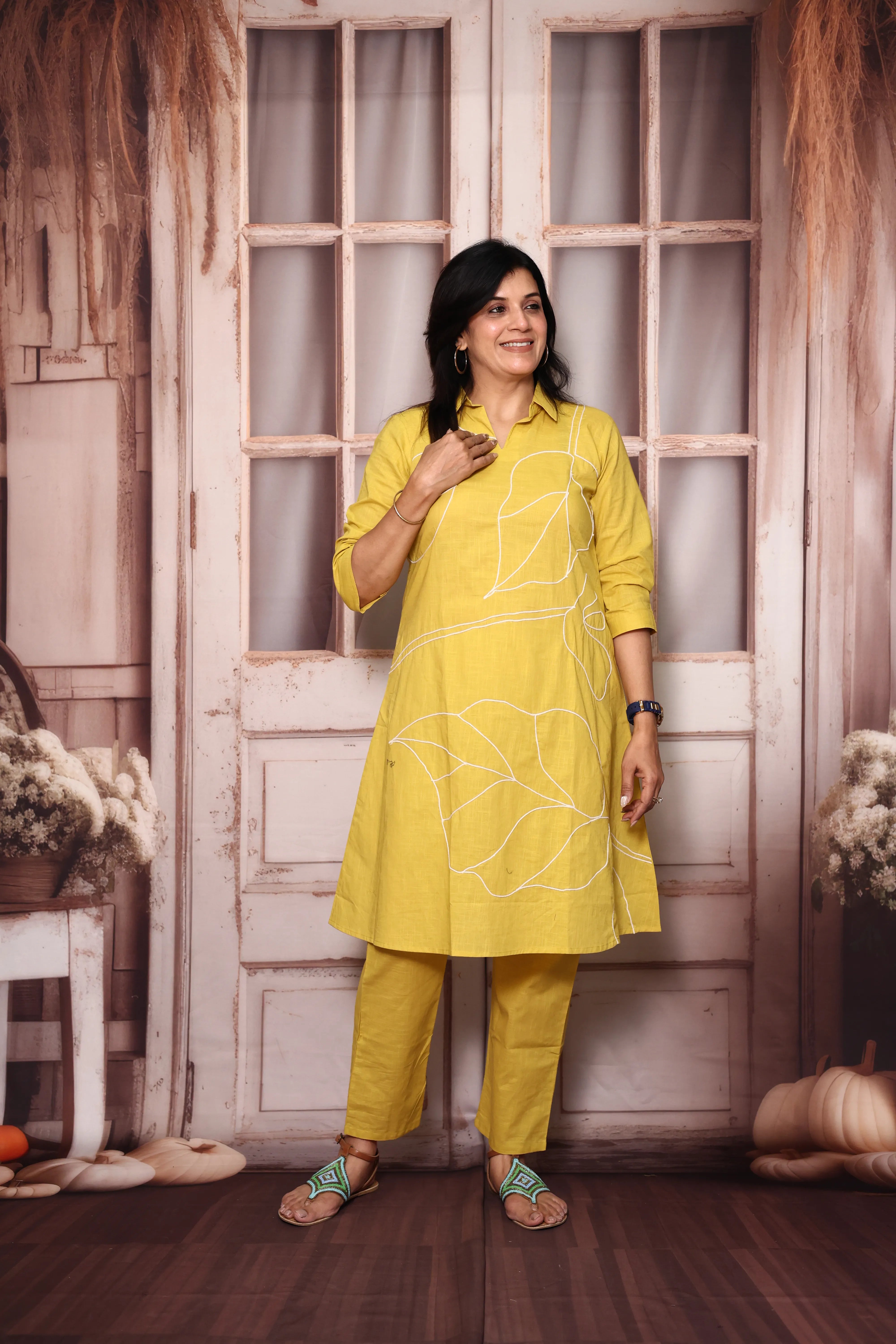 Yellow Knee Length Collar Neck Top Pant Co-Ord Set | Cotton Wear for Women