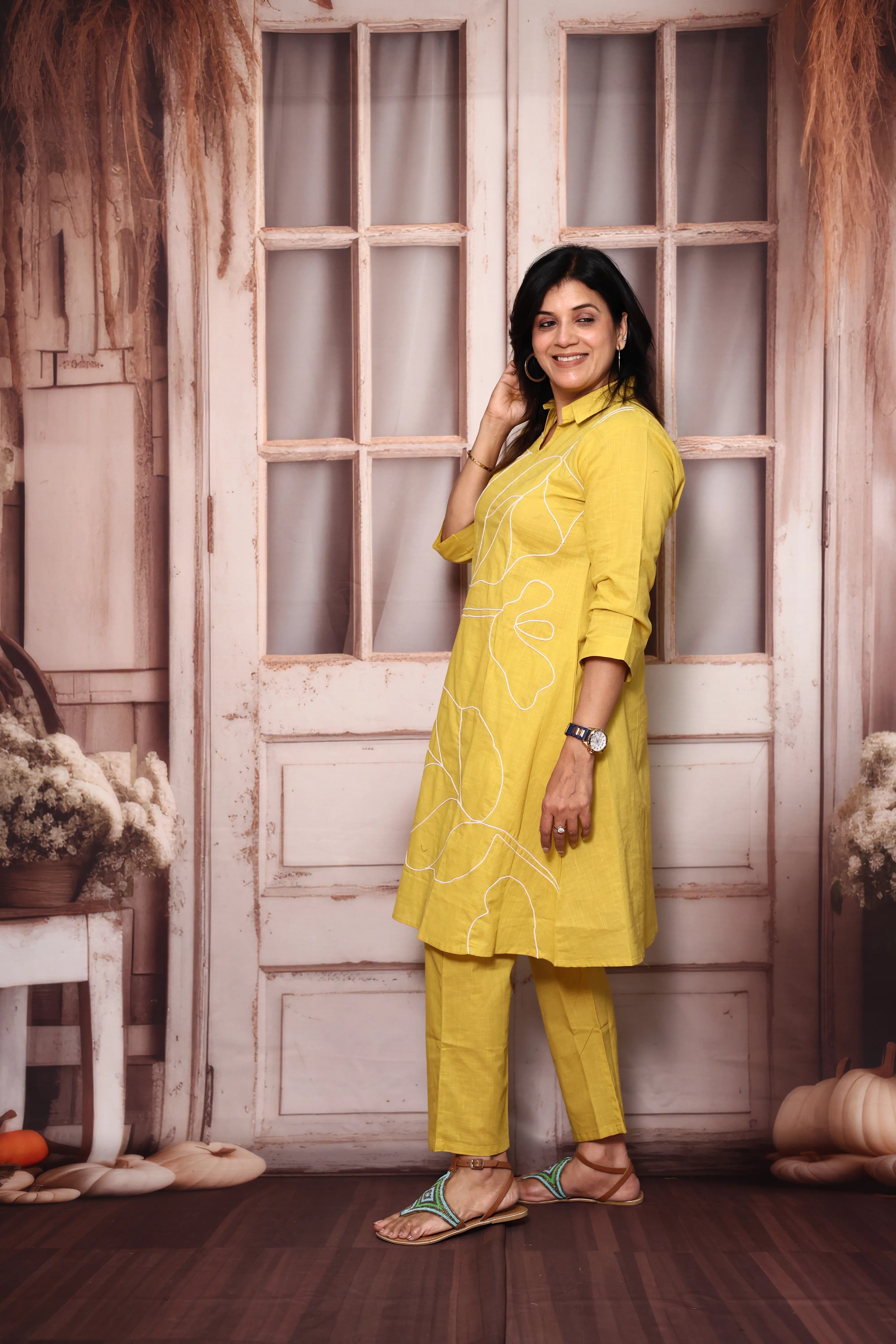 Yellow Knee Length Collar Neck Top Pant Co-Ord Set | Cotton Wear for Women