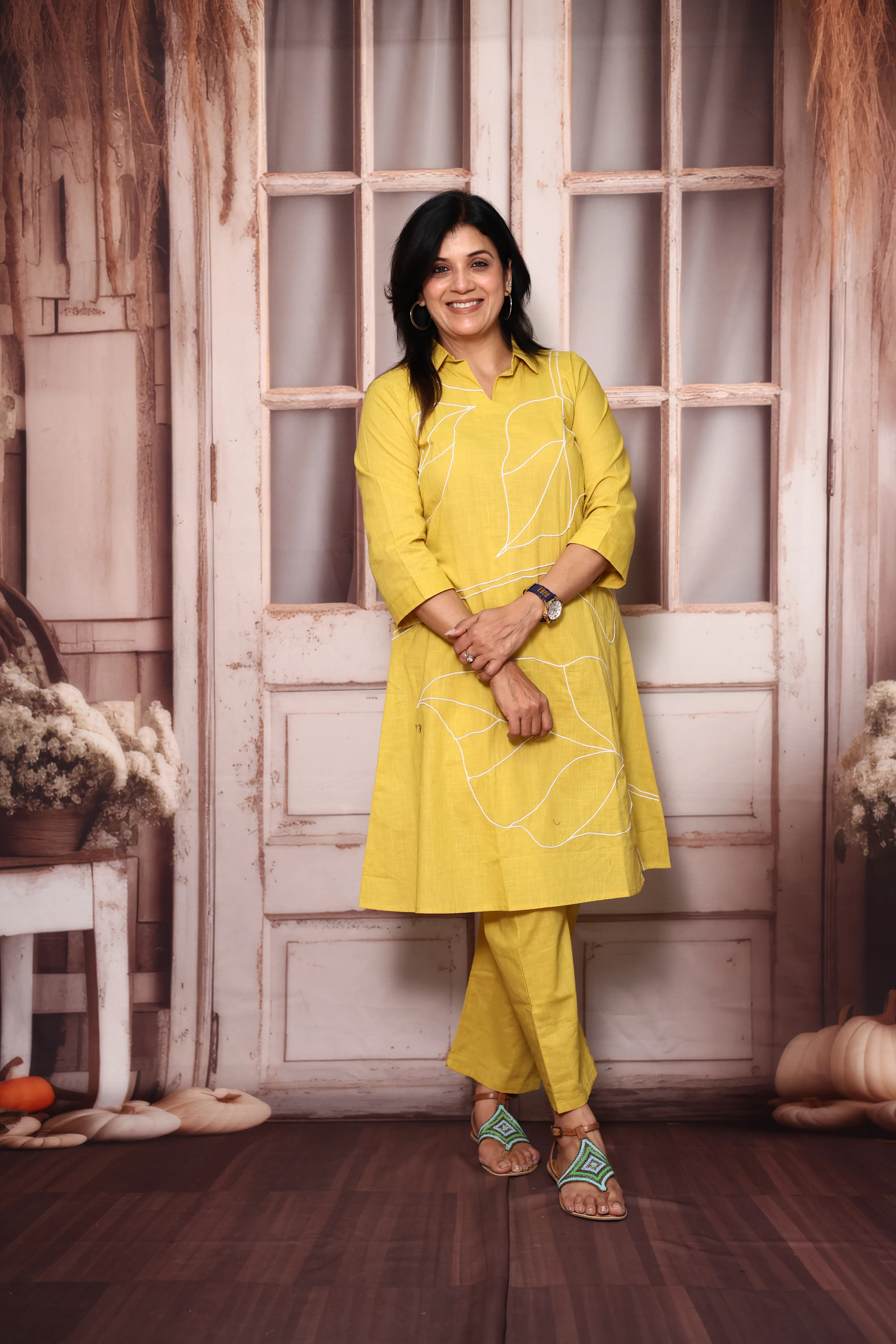 Yellow Knee Length Collar Neck Top Pant Co-Ord Set | Cotton Wear for Women