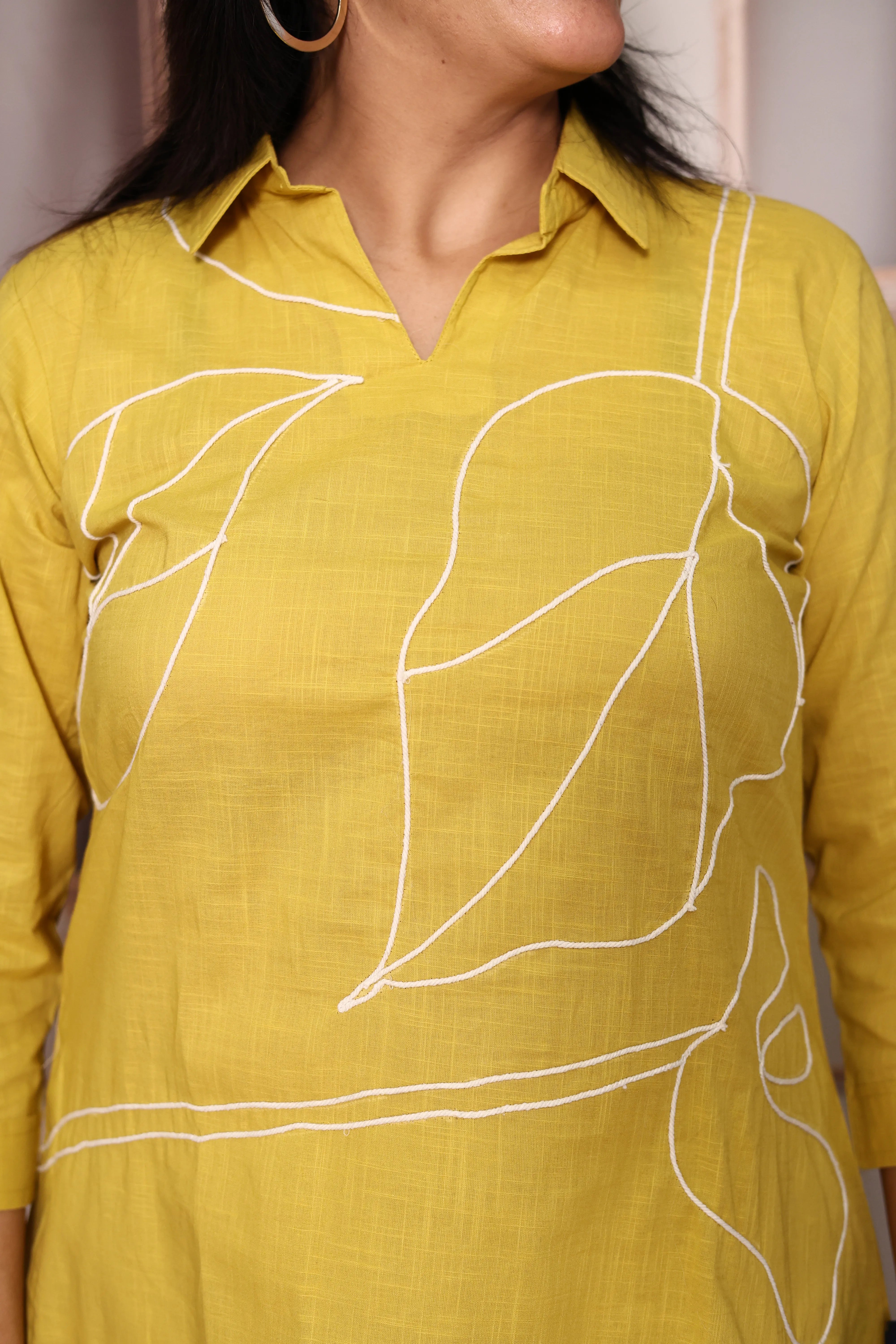 Yellow Knee Length Collar Neck Top Pant Co-Ord Set | Cotton Wear for Women