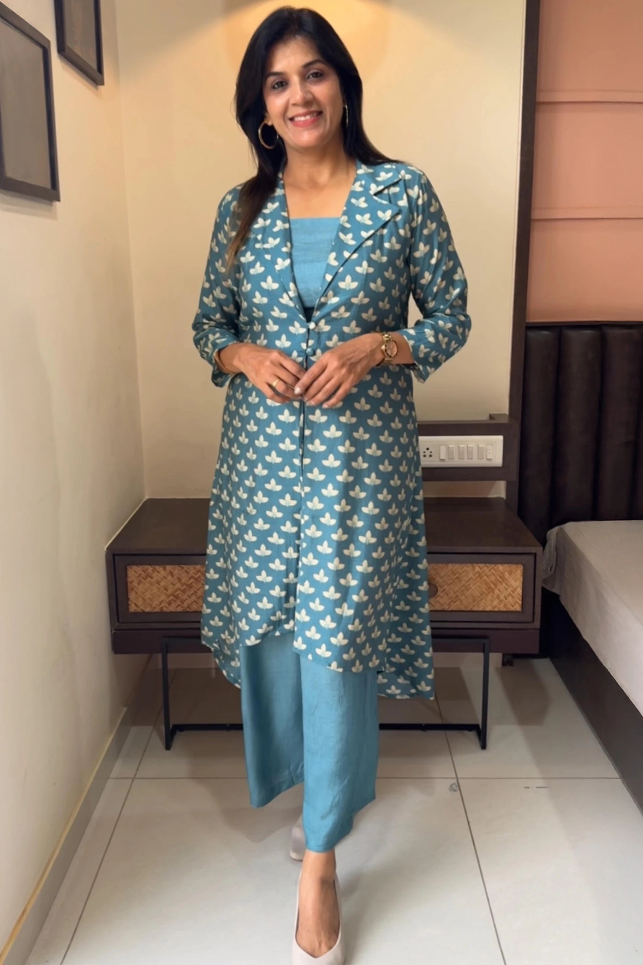Dusty Turquoise Indo-Western Set with Shrug | Muslin Silk