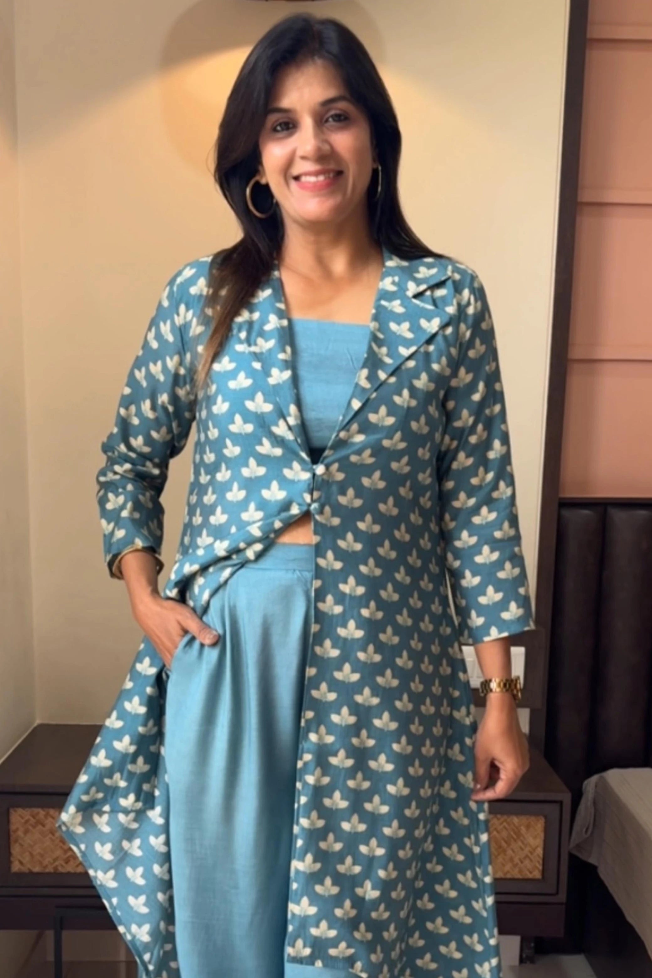 Dusty Turquoise Indo-Western Set with Shrug | Muslin Silk