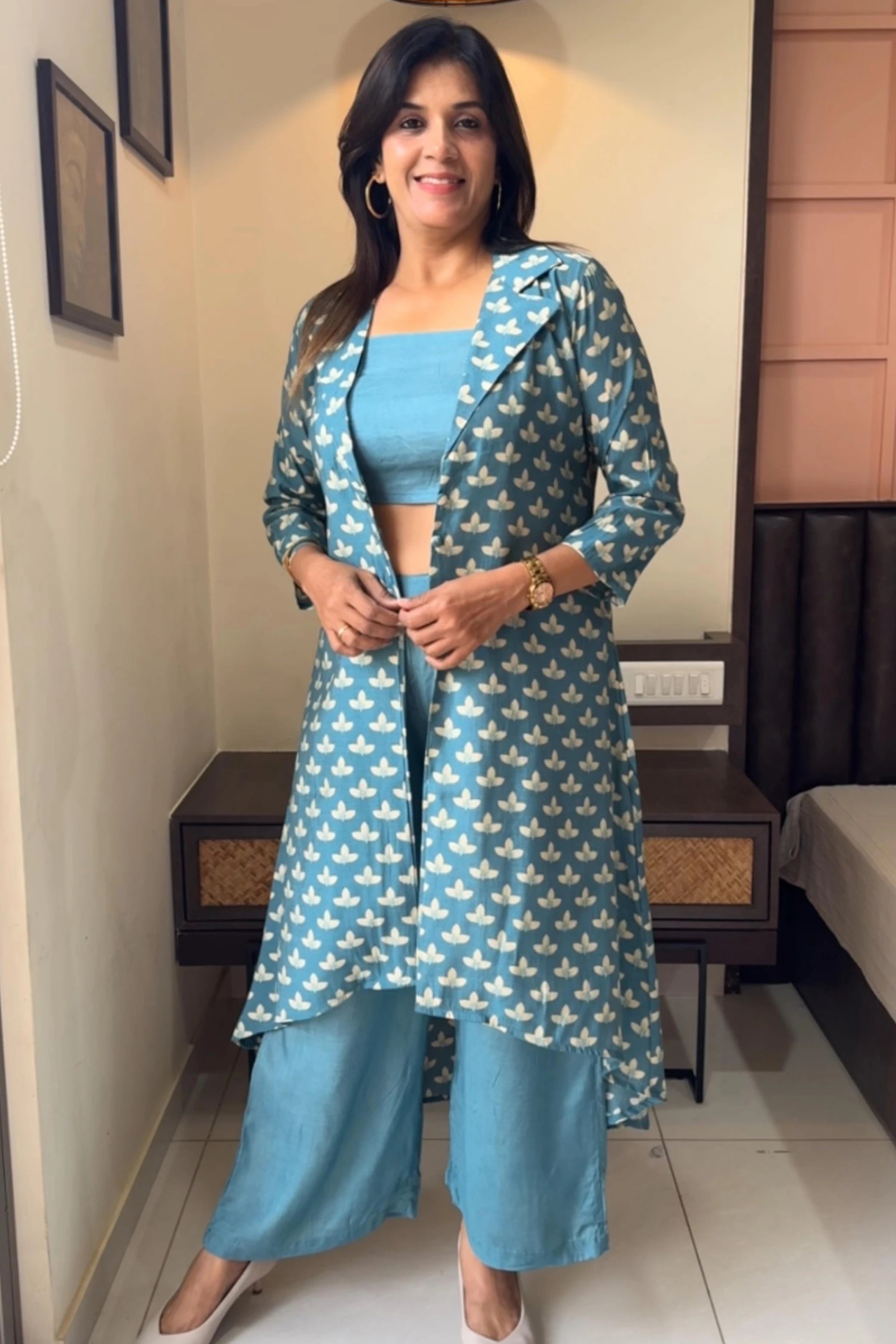 Dusty Turquoise Indo-Western Set with Shrug | Muslin Silk