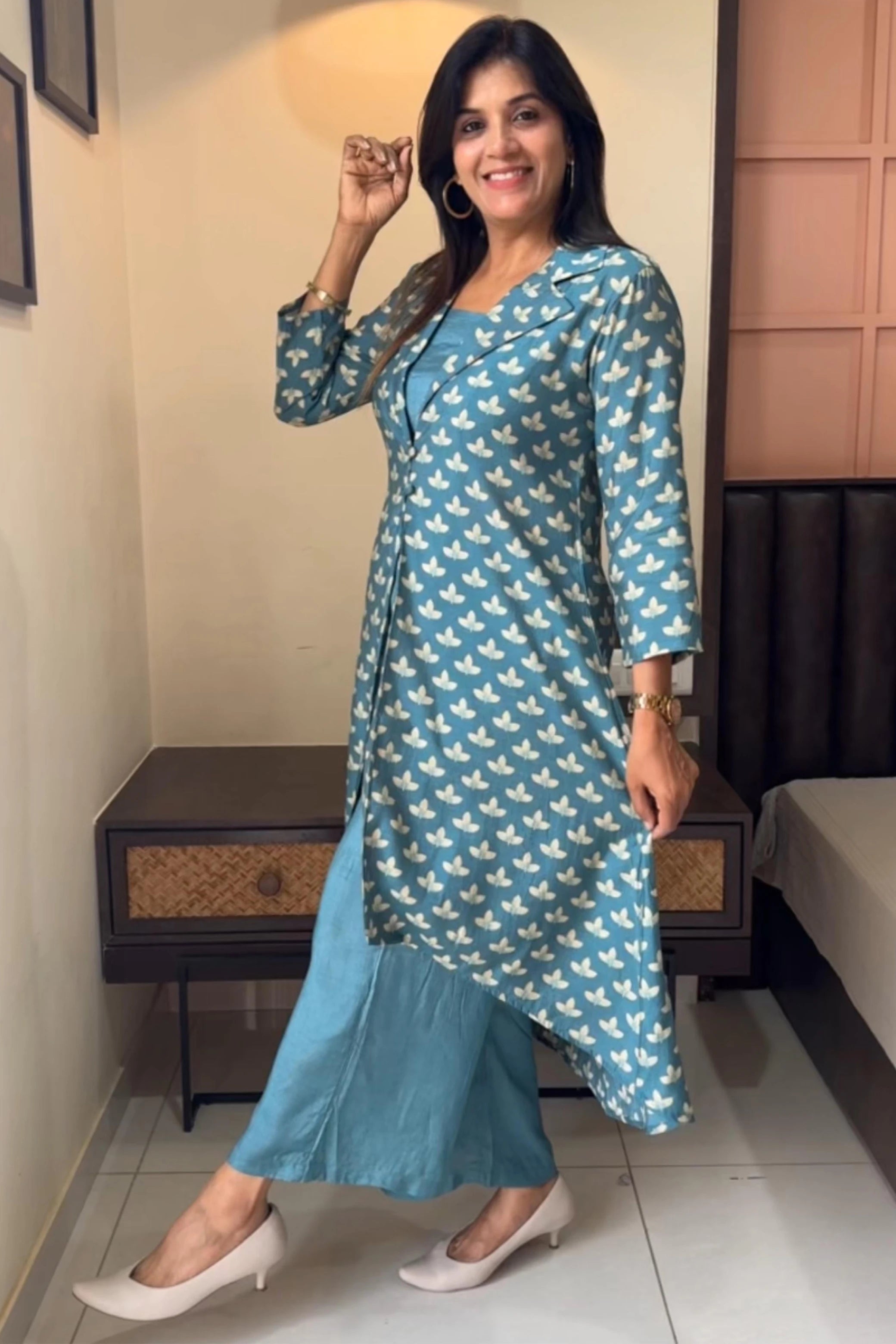 Dusty Turquoise Indo-Western Set with Shrug | Muslin Silk