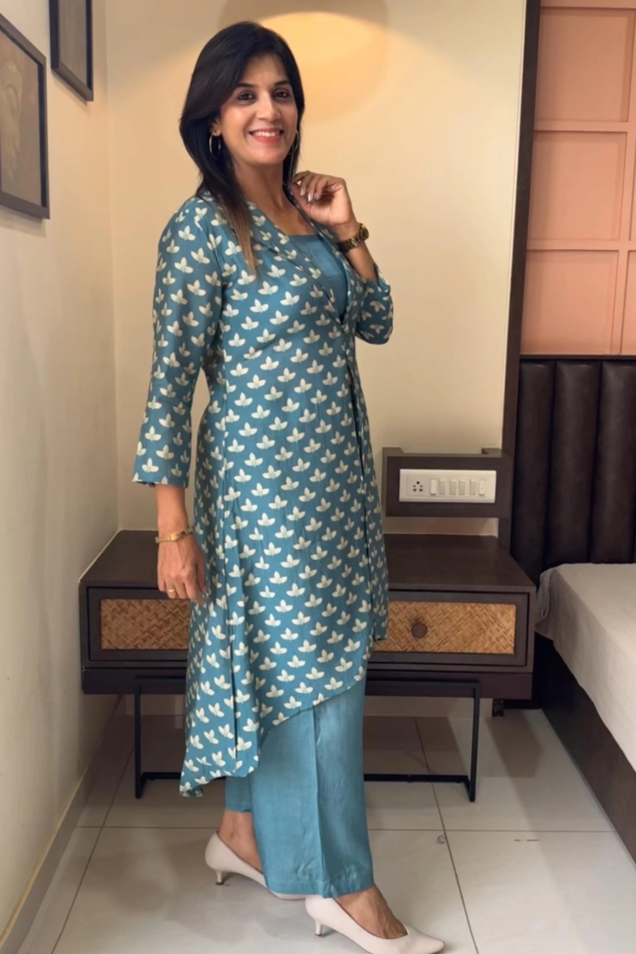 Dusty Turquoise Indo-Western Set with Shrug | Muslin Silk