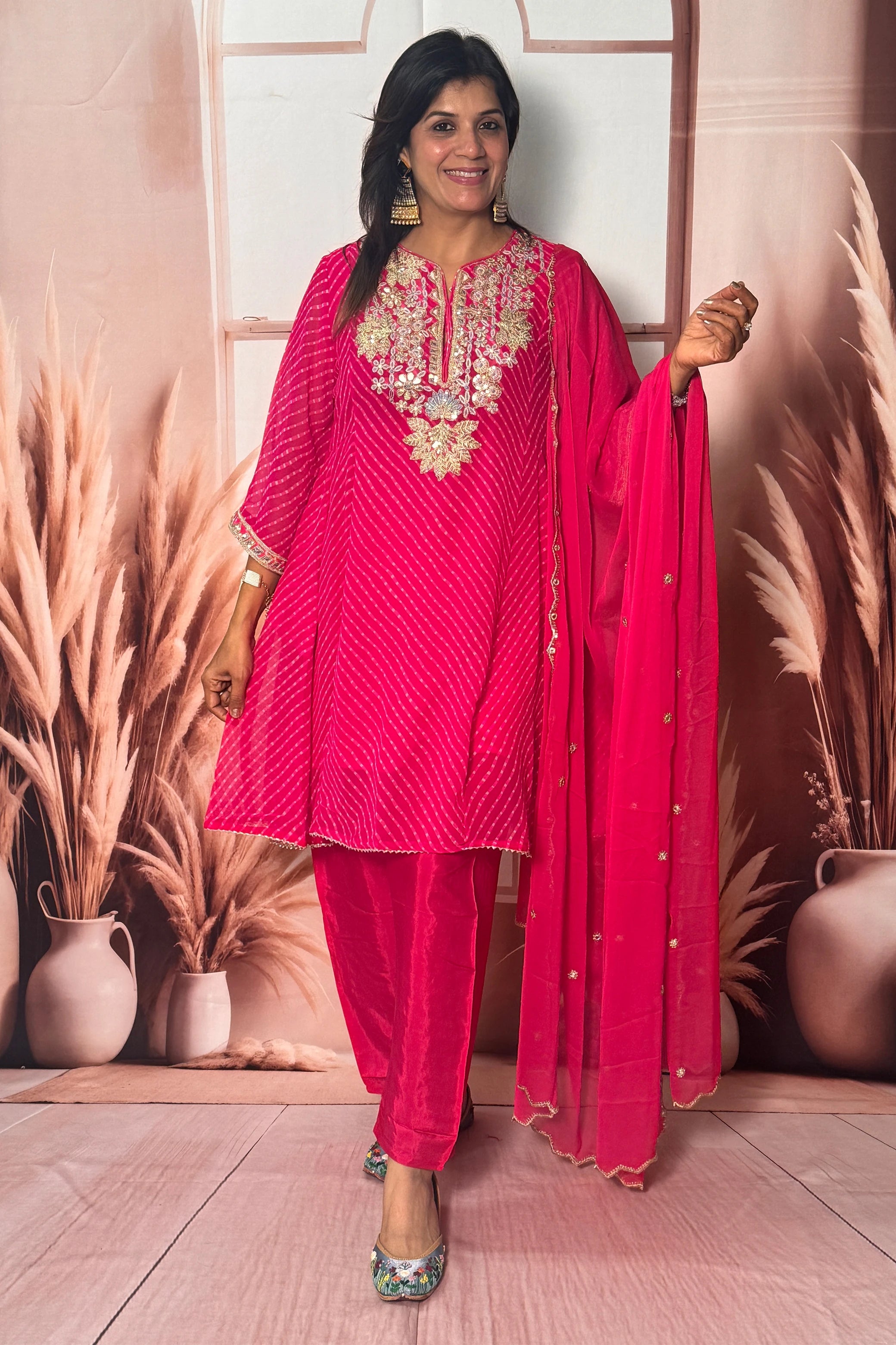 Rani Pink Bandhani Print A-Line Dupatta Set with Gota Patti Embroidery