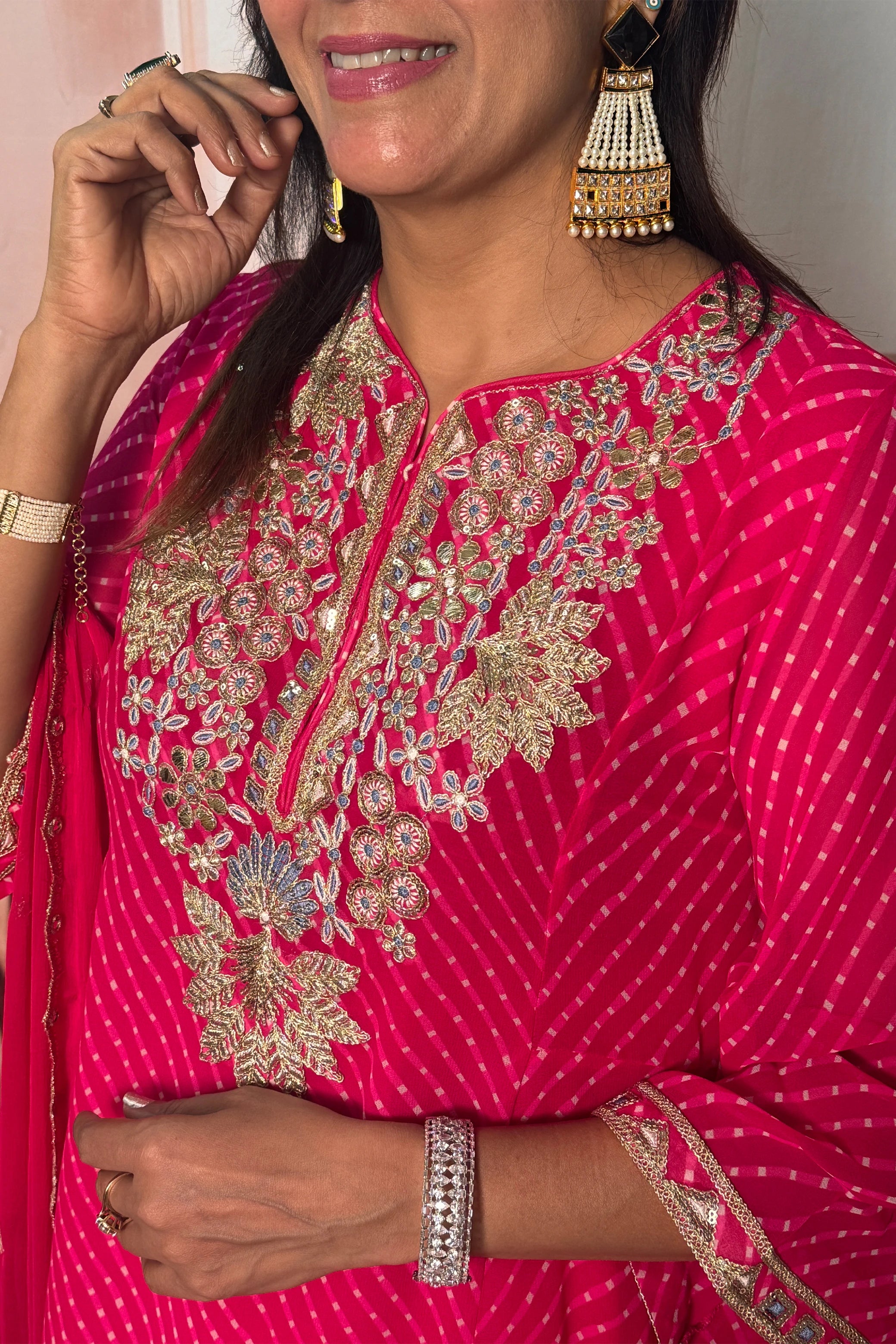 Rani Pink Bandhani Print A-Line Dupatta Set with Gota Patti Embroidery