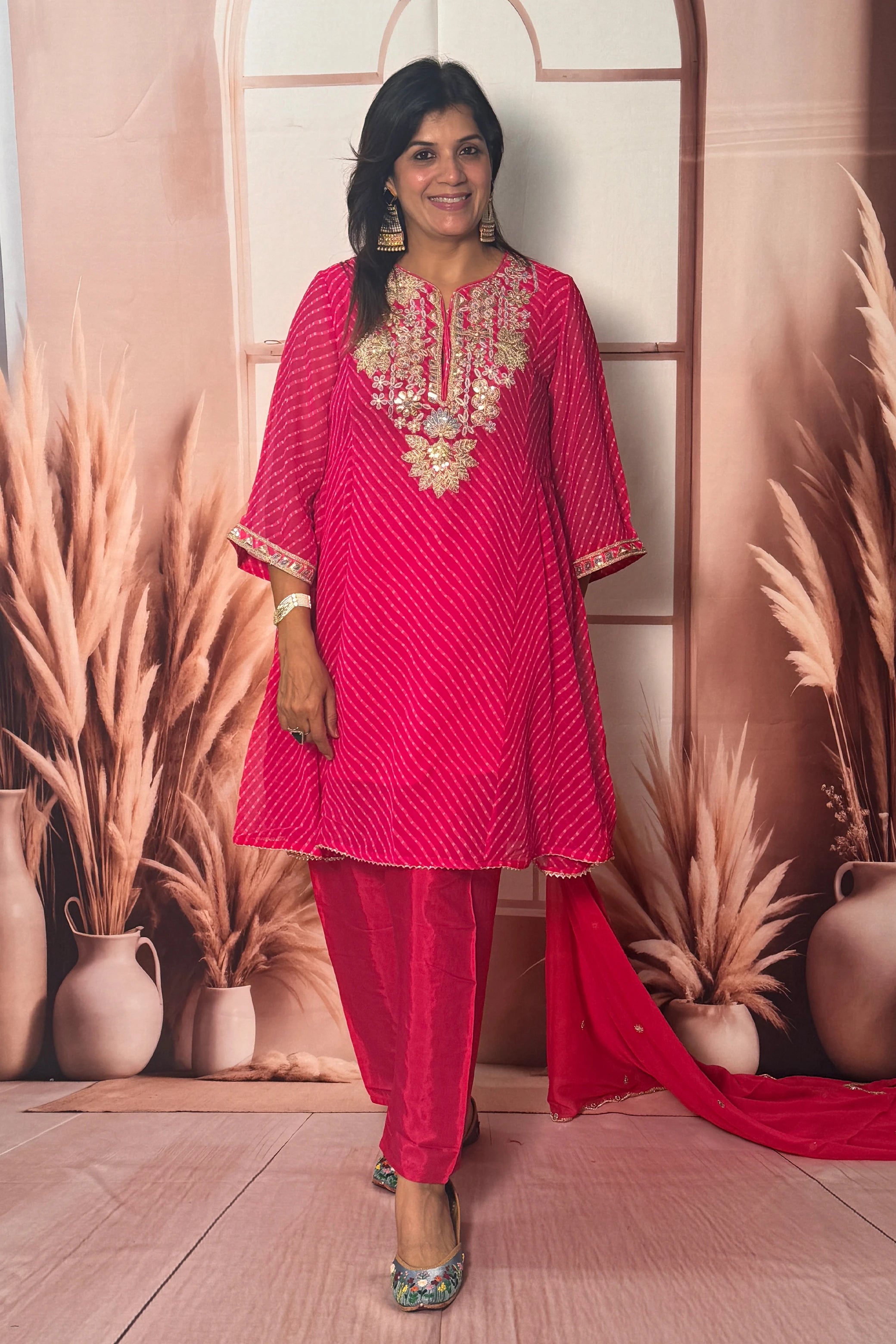 Rani Pink Bandhani Print A-Line Dupatta Set with Gota Patti Embroidery