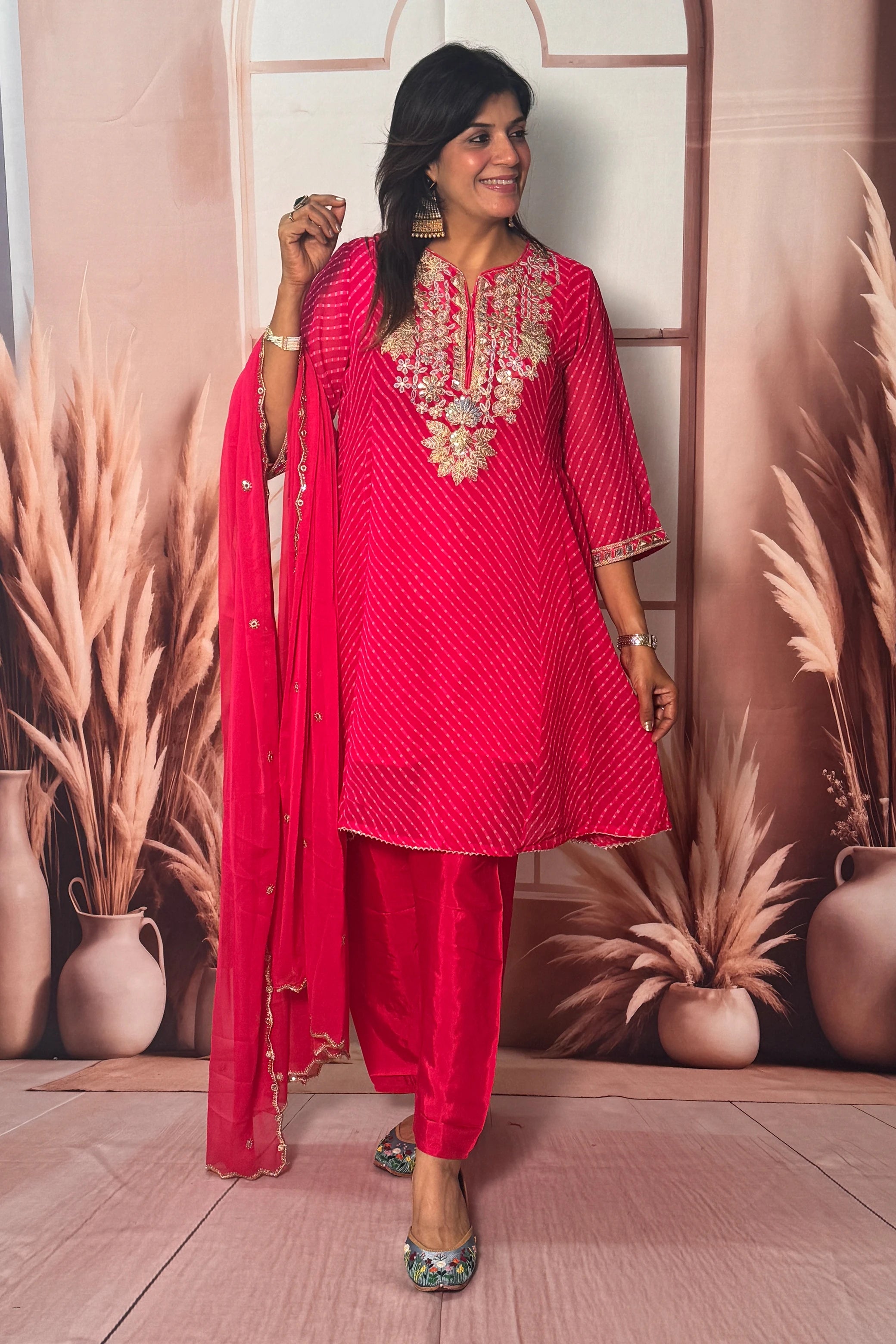 Rani Pink Bandhani Print A-Line Dupatta Set with Gota Patti Embroidery