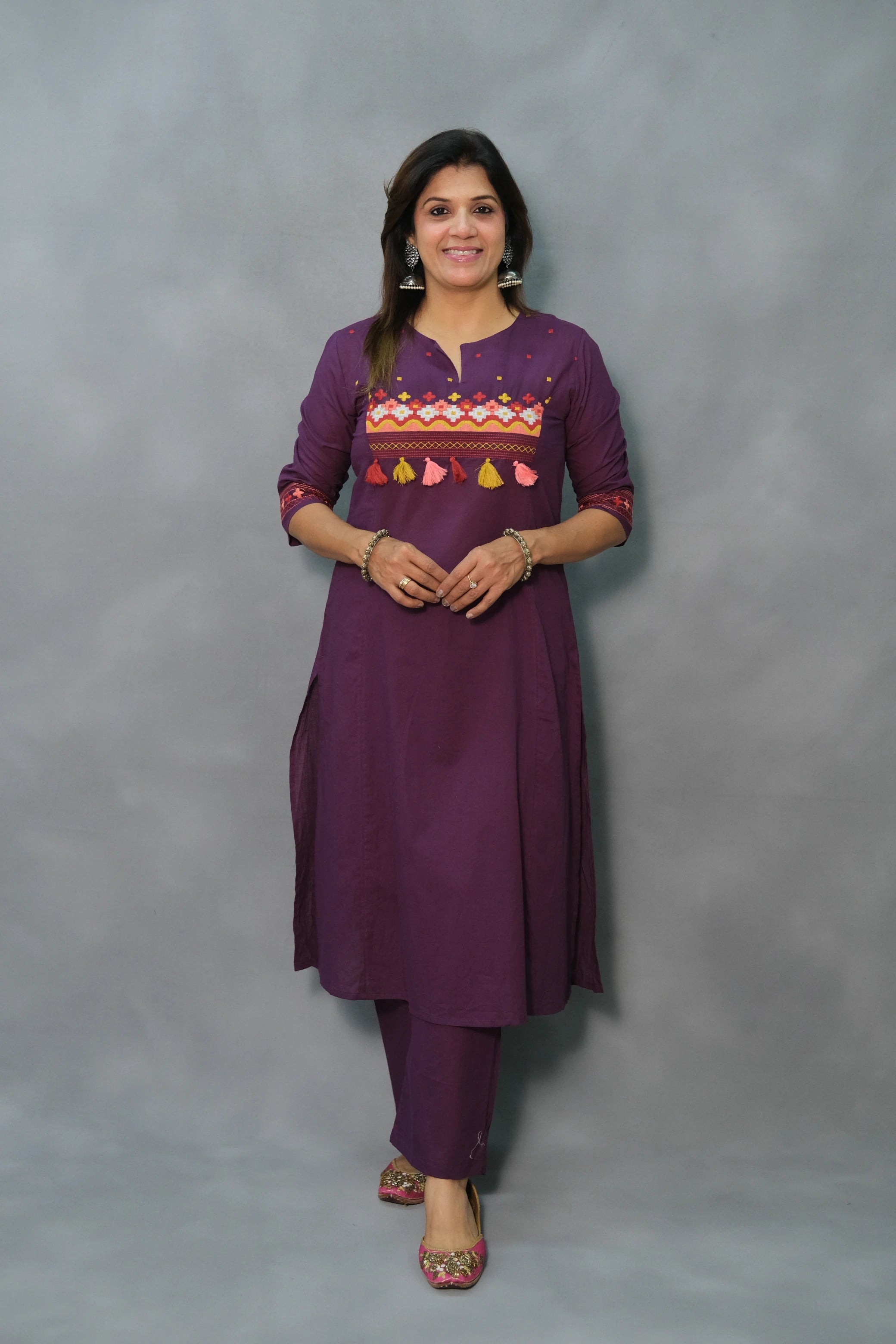 Embroidered Cotton Kurta Pant Set – Elegant Ethnic Wear | Purple