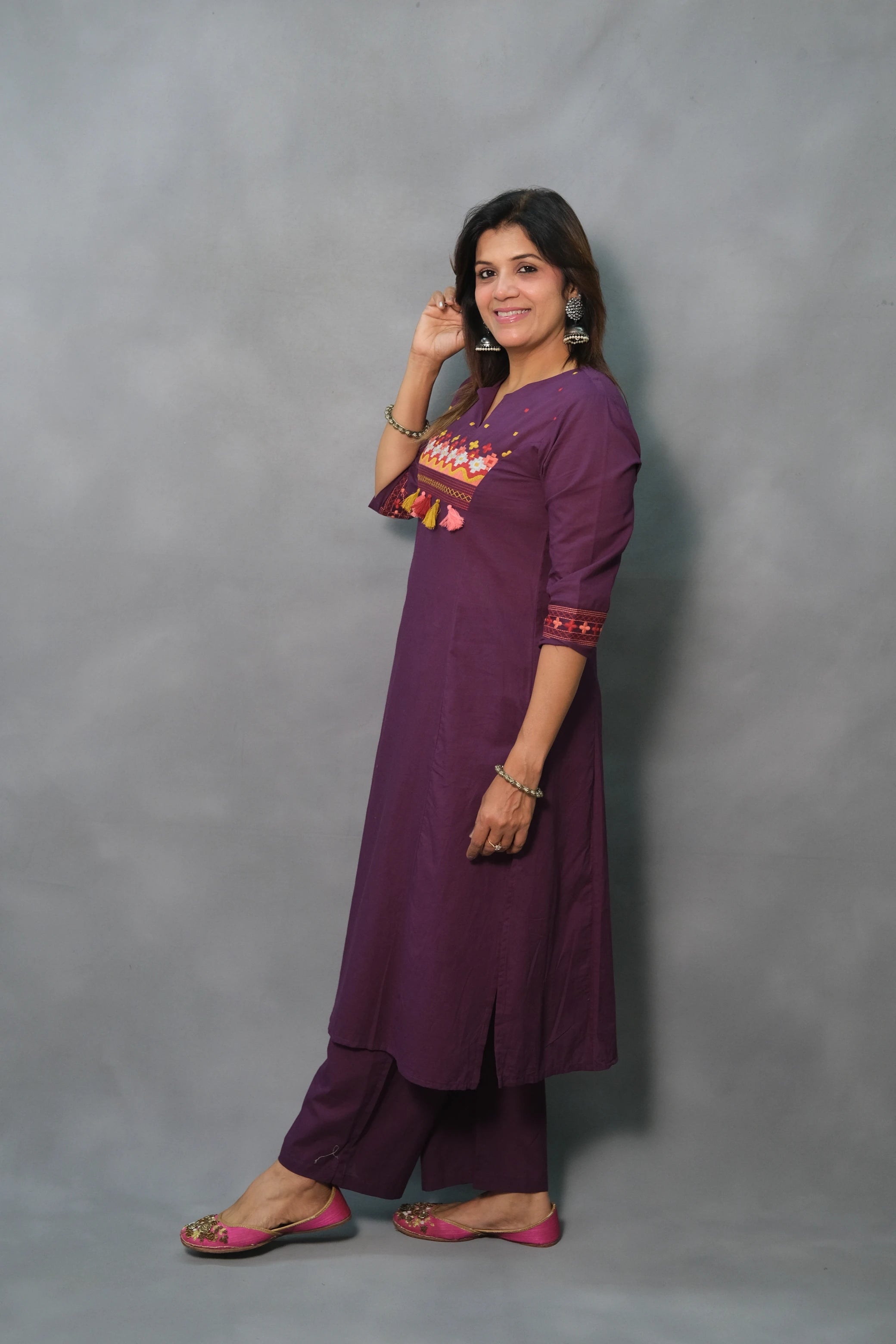 Embroidered Cotton Kurta Pant Set – Elegant Ethnic Wear | Purple