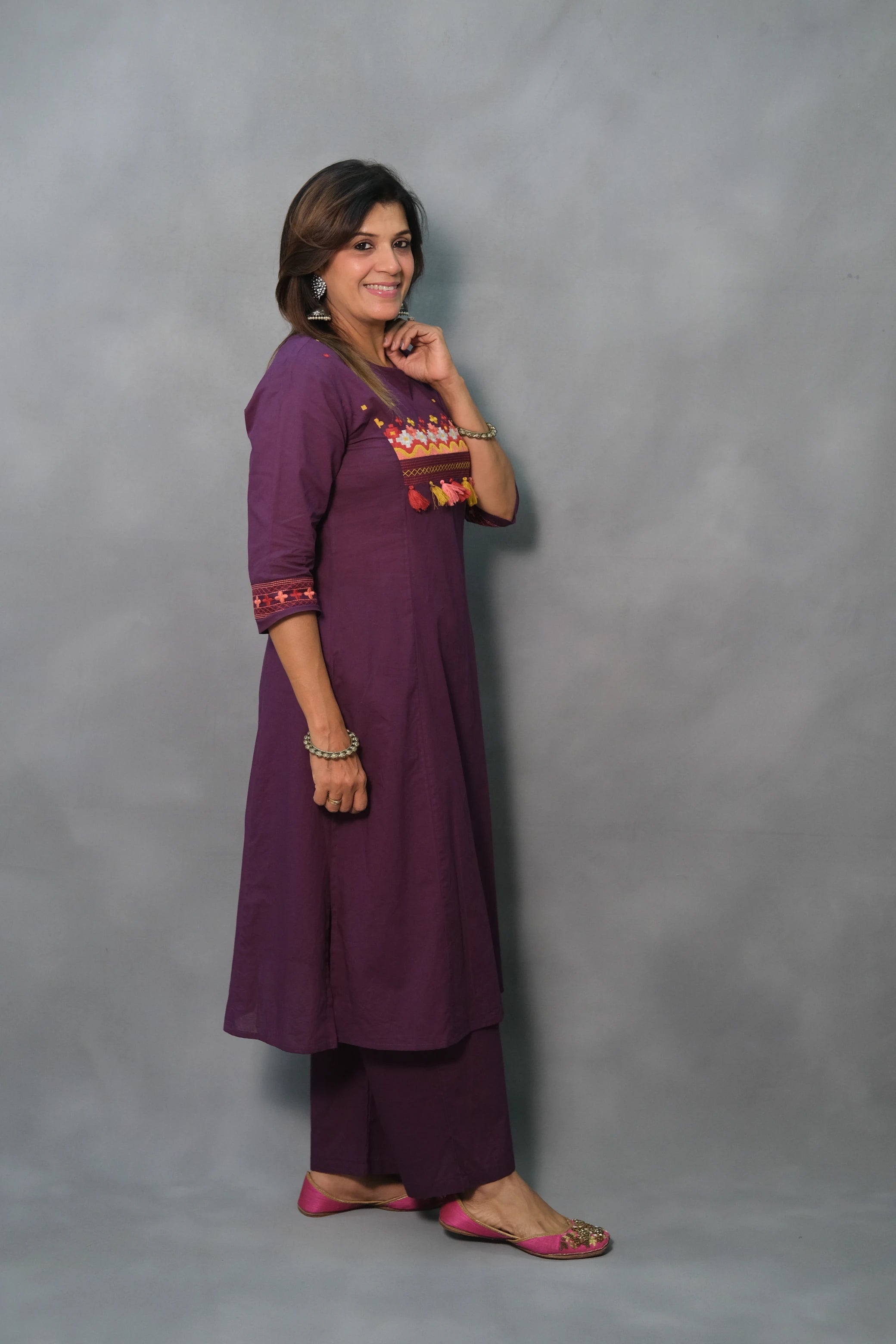 Embroidered Cotton Kurta Pant Set – Elegant Ethnic Wear | Purple