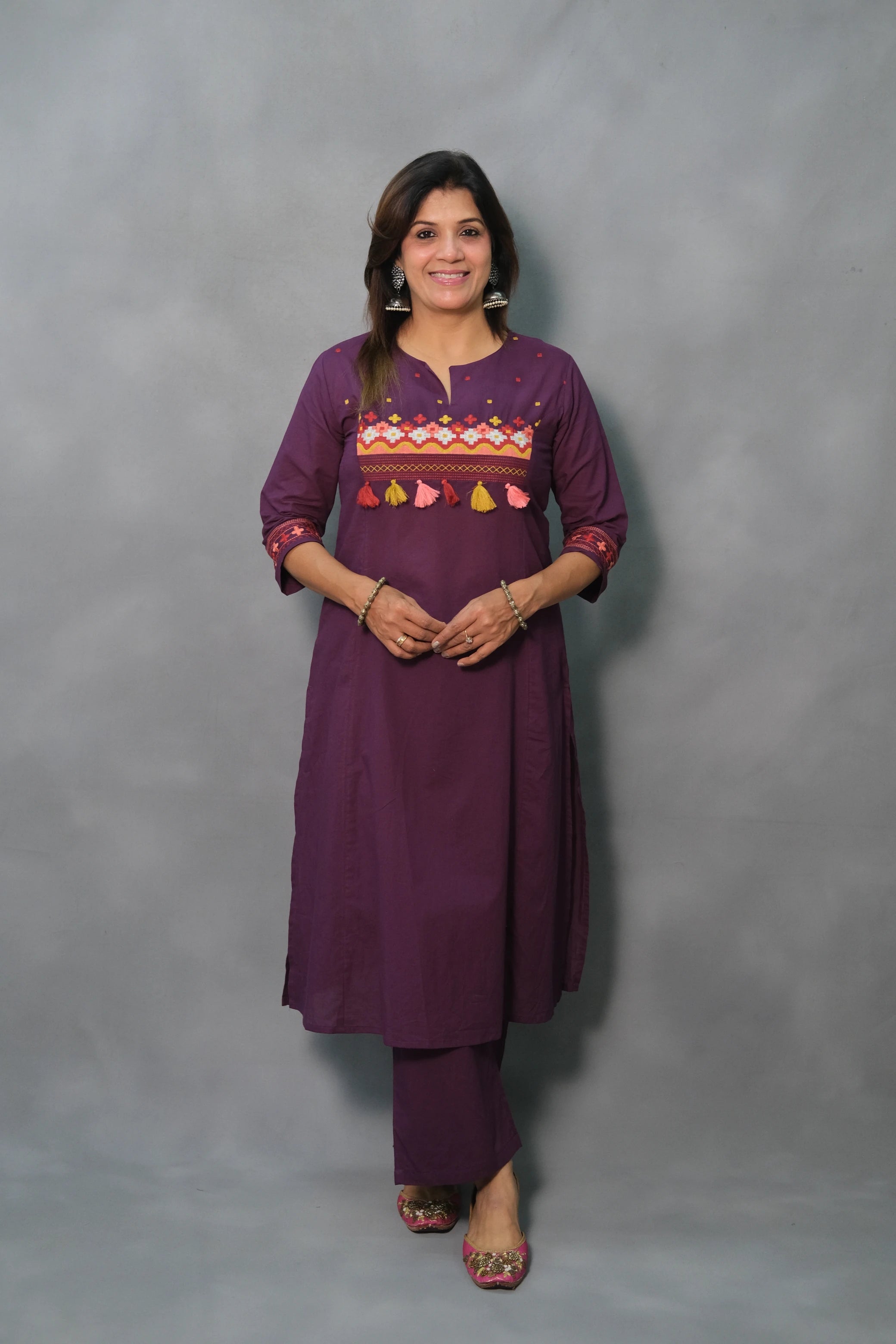 Embroidered Cotton Kurta Pant Set – Elegant Ethnic Wear | Purple