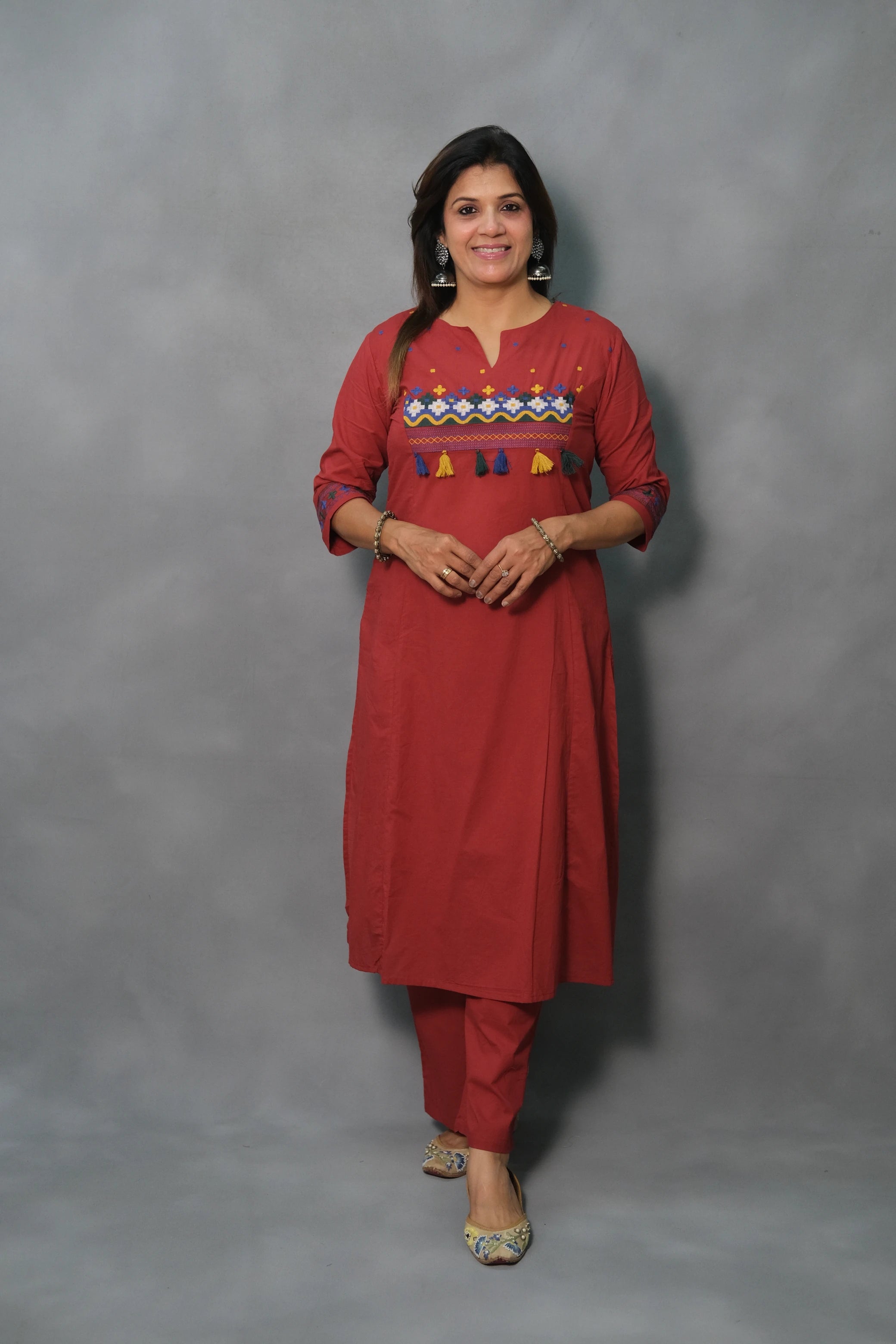 Embroidered Cotton Kurta Pant Set – Elegant Ethnic Wear | Maroon