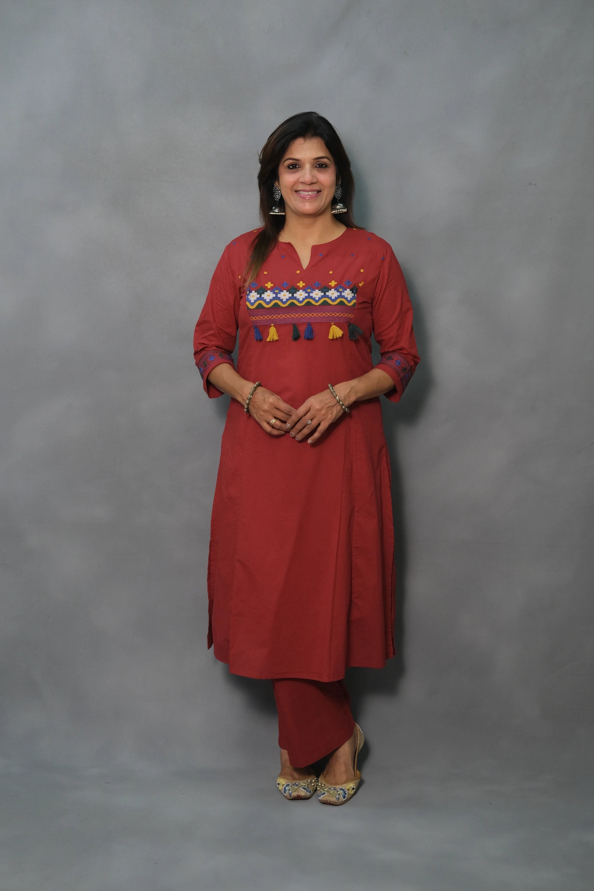 Embroidered Cotton Kurta Pant Set – Elegant Ethnic Wear | Maroon