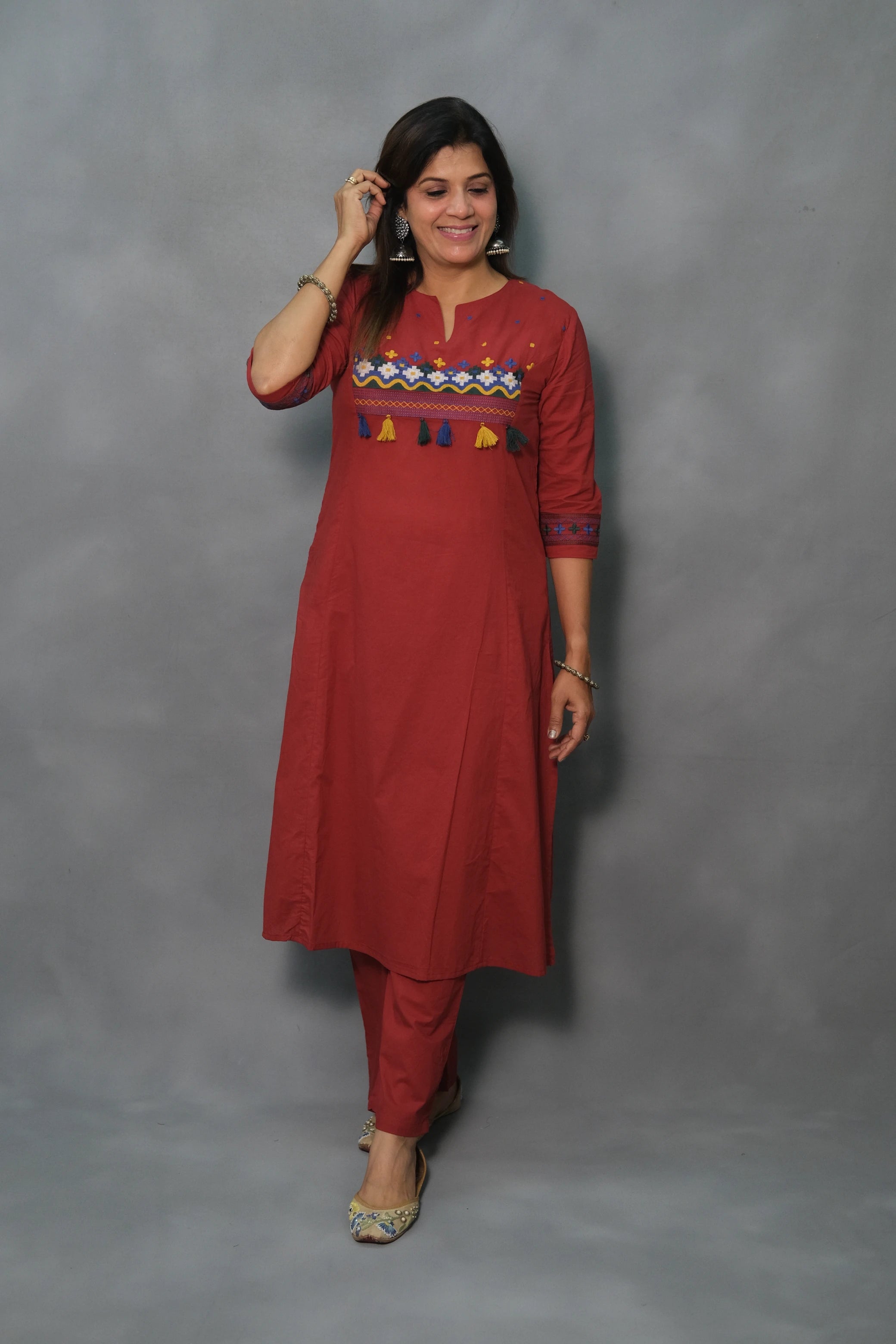 Embroidered Cotton Kurta Pant Set – Elegant Ethnic Wear | Maroon