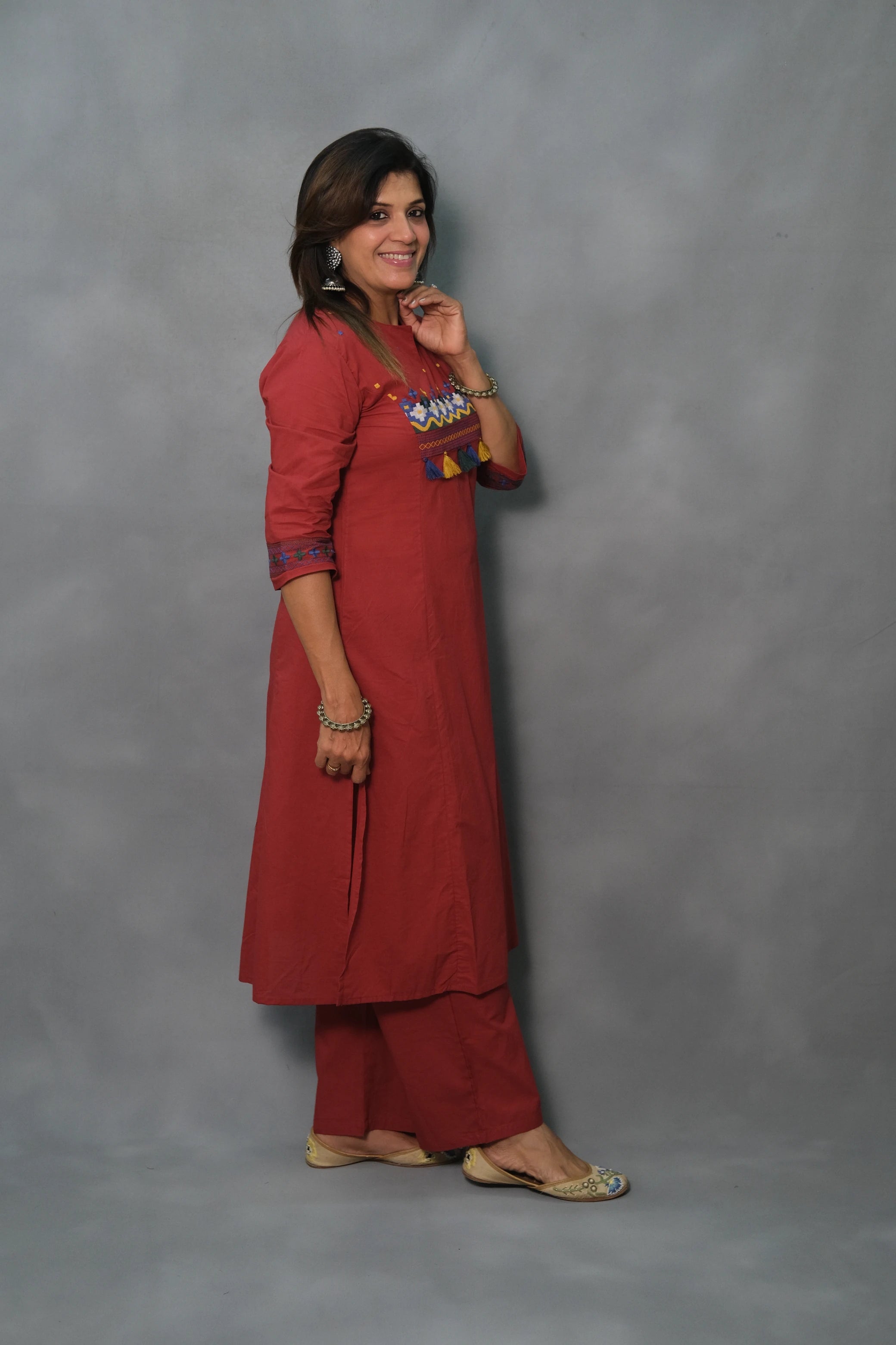 Embroidered Cotton Kurta Pant Set – Elegant Ethnic Wear | Maroon