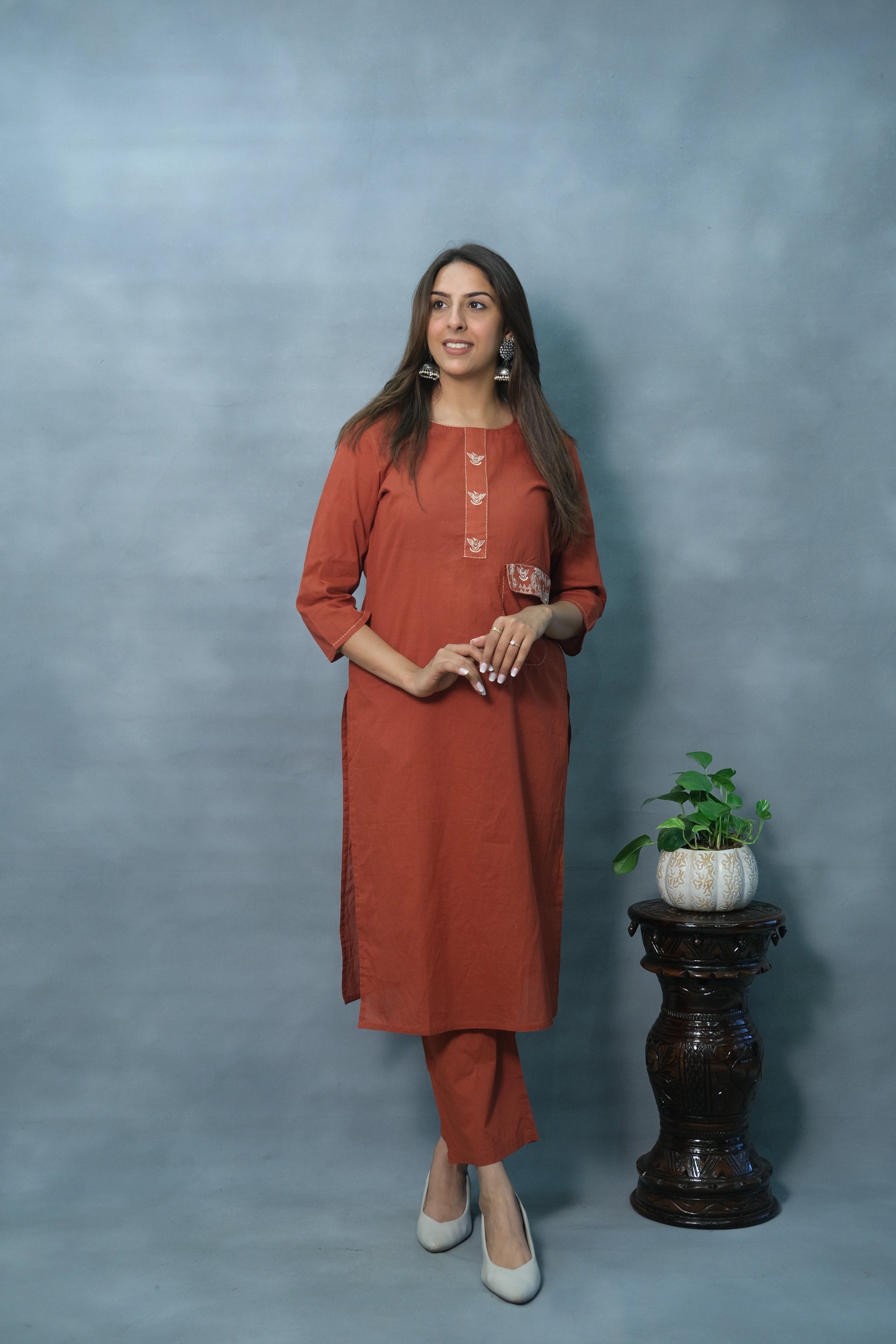 Rust Color Two-Piece Cotton Set – Elegant & Comfortable Ethnic Wear