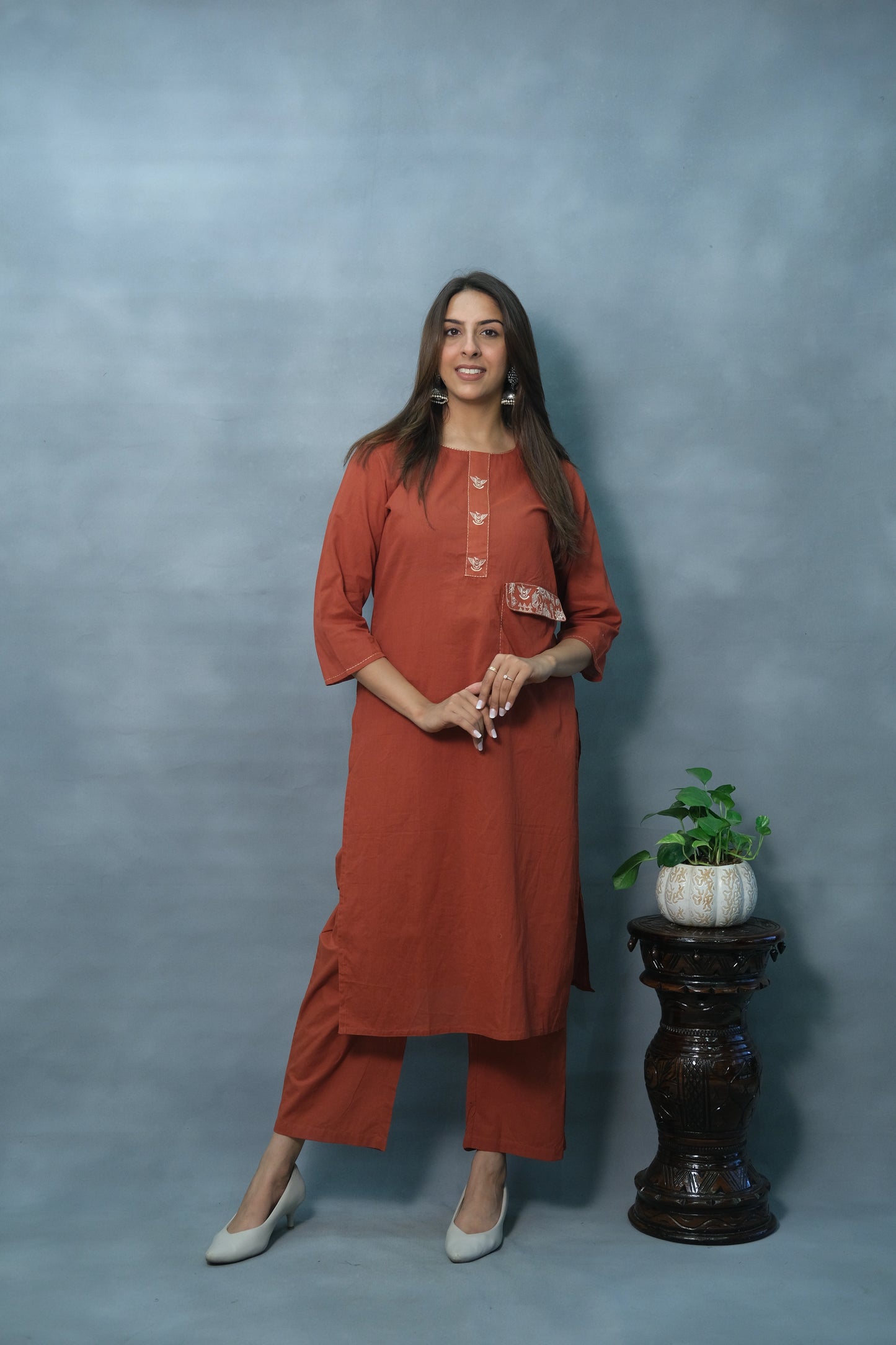 Rust Color Two-Piece Cotton Set – Elegant & Comfortable Ethnic Wear