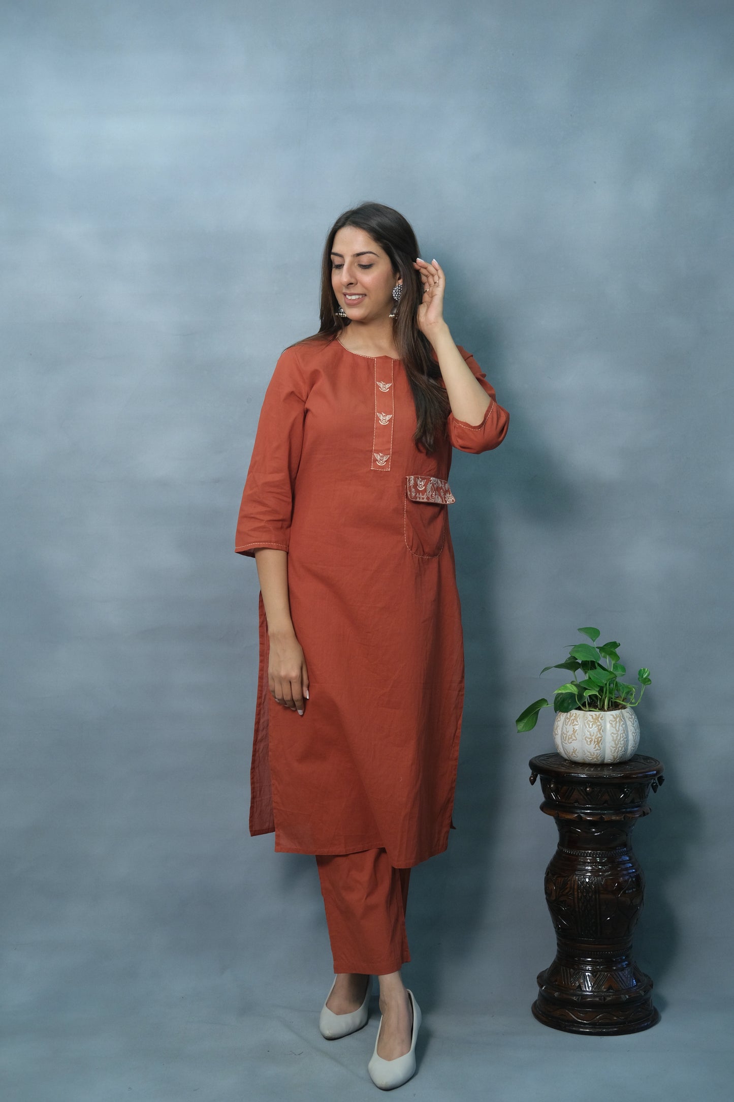 Rust Color Two-Piece Cotton Set – Elegant & Comfortable Ethnic Wear