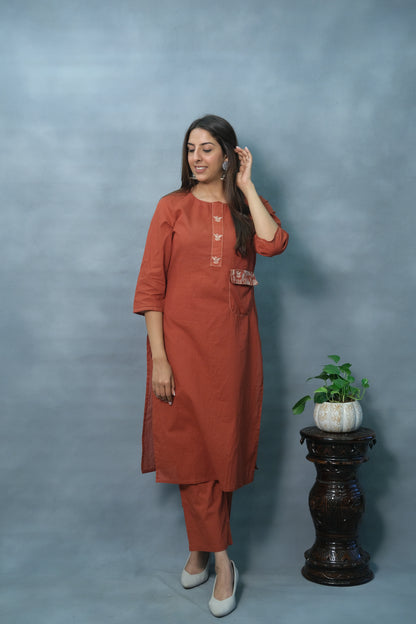 Rust Color Two-Piece Cotton Set – Elegant & Comfortable Ethnic Wear