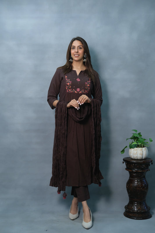 Embroidered 3-Piece Brown Suit Set in Soft Cotton – Elegant Ethnic Ensemble