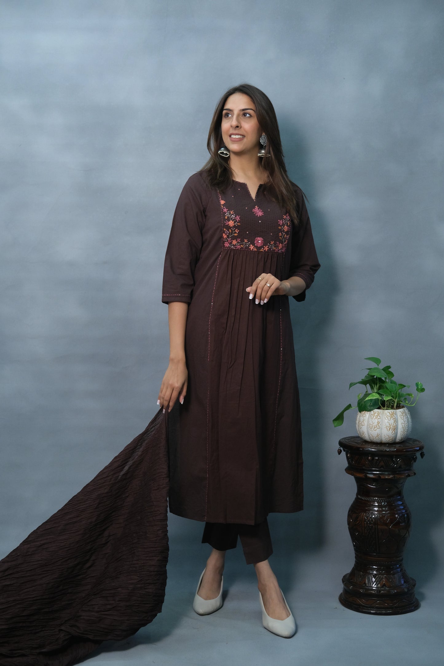 Embroidered 3-Piece Brown Suit Set in Soft Cotton – Elegant Ethnic Ensemble