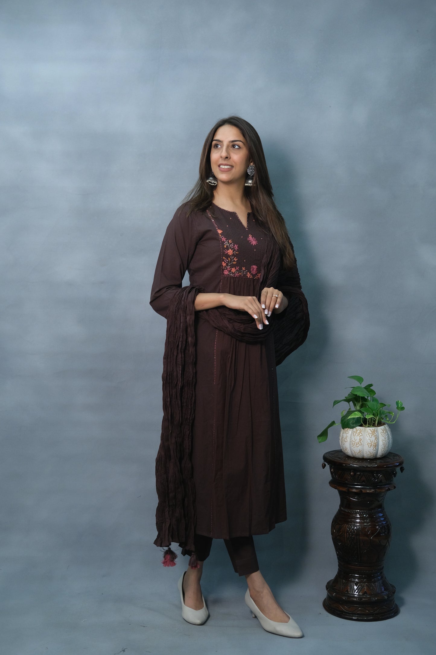 Embroidered 3-Piece Brown Suit Set in Soft Cotton – Elegant Ethnic Ensemble