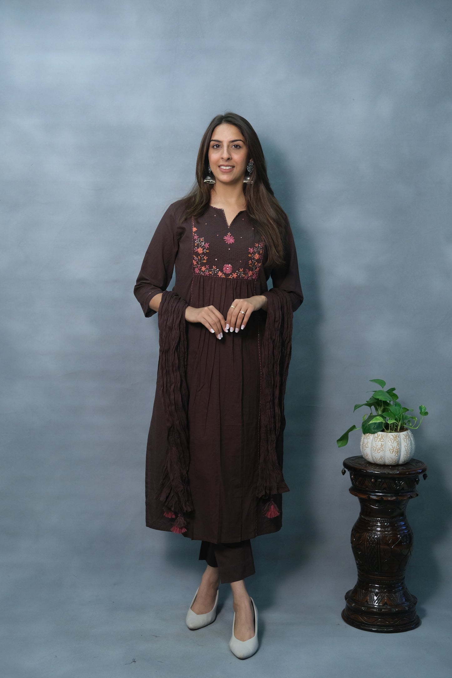 Embroidered 3-Piece Brown Suit Set in Soft Cotton – Elegant Ethnic Ensemble
