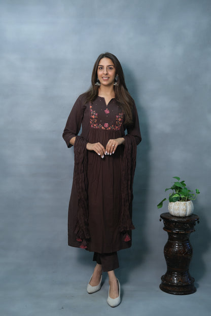 Embroidered 3-Piece Brown Suit Set in Soft Cotton – Elegant Ethnic Ensemble