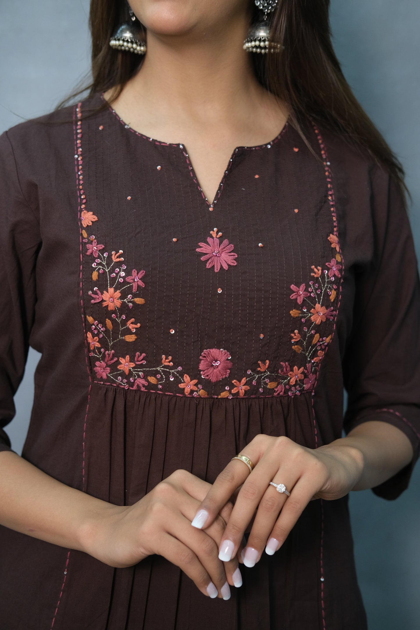 Embroidered 3-Piece Brown Suit Set in Soft Cotton – Elegant Ethnic Ensemble