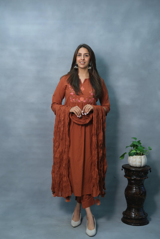 Rust Color Embroidered 3-Piece Suit Set in Soft Cotton – Ethnic Elegance Redefined