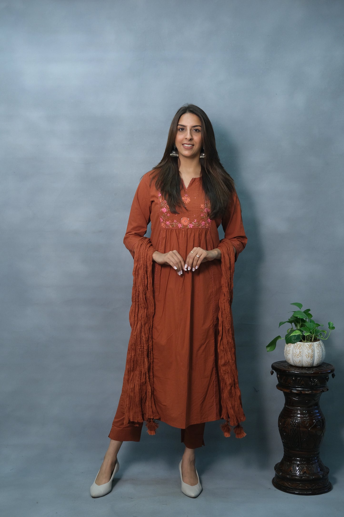 Rust Color Embroidered 3-Piece Suit Set in Soft Cotton – Ethnic Elegance Redefined