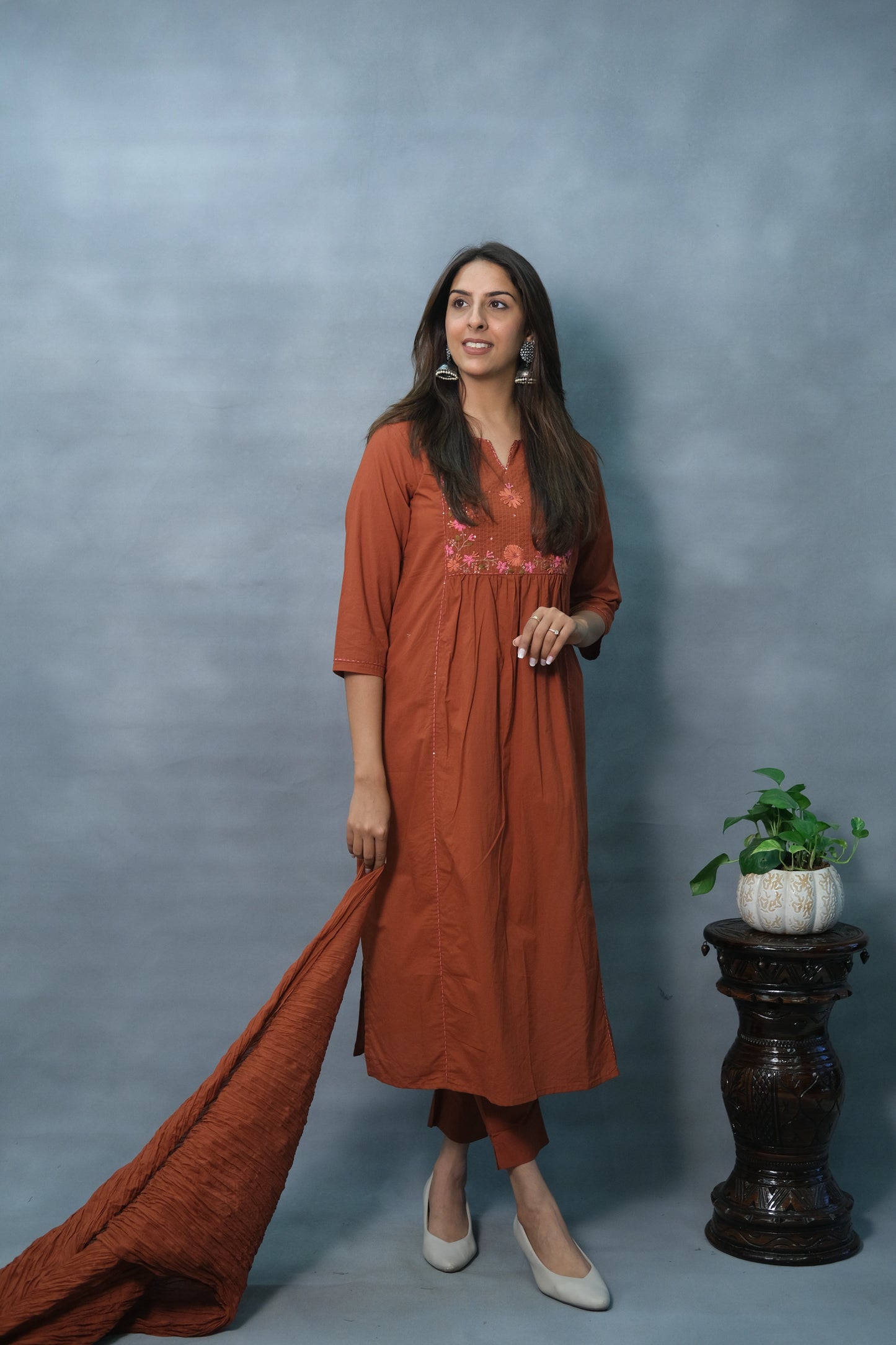 Rust Color Embroidered 3-Piece Suit Set in Soft Cotton – Ethnic Elegance Redefined