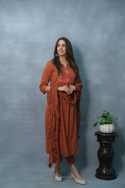 Rust Color Embroidered 3-Piece Suit Set in Soft Cotton – Ethnic Elegance Redefined