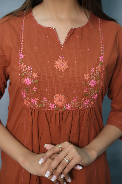 Rust Color Embroidered 3-Piece Suit Set in Soft Cotton – Ethnic Elegance Redefined