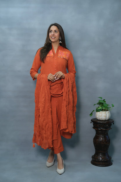 Rust Color Embroidered & Pintex 3-Piece Cotton Suit Set – With Back work