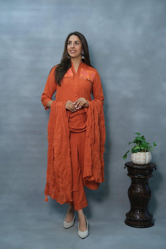Rust Color Embroidered & Pintex 3-Piece Cotton Suit Set – With Back work