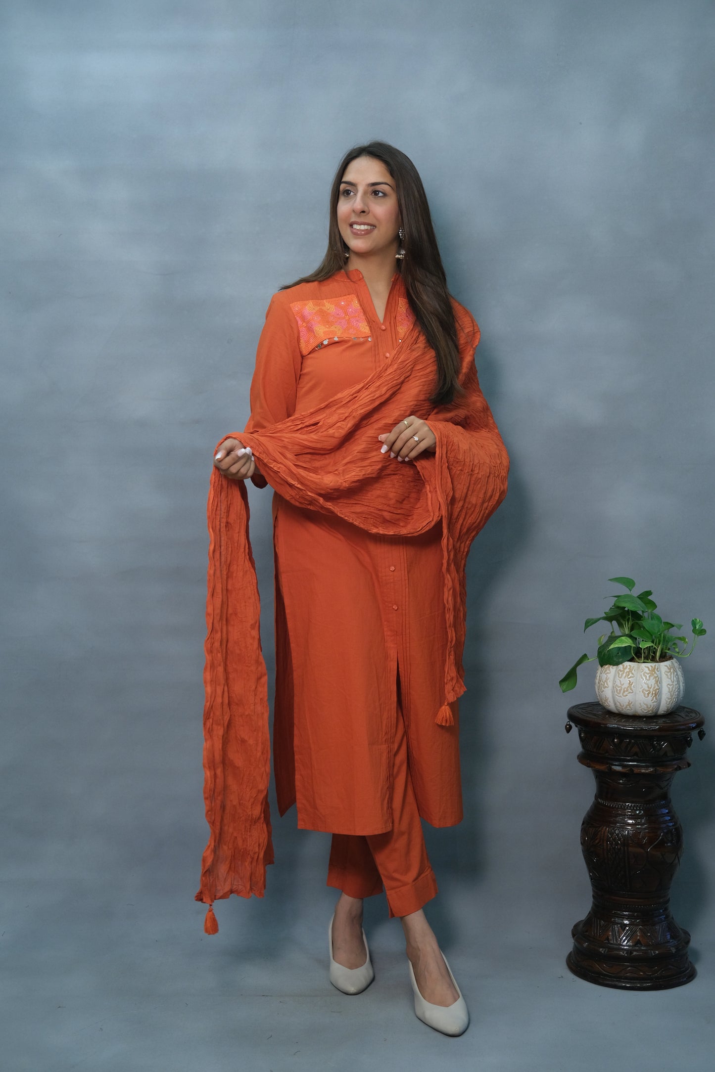 Rust Color Embroidered & Pintex 3-Piece Cotton Suit Set – With Back work