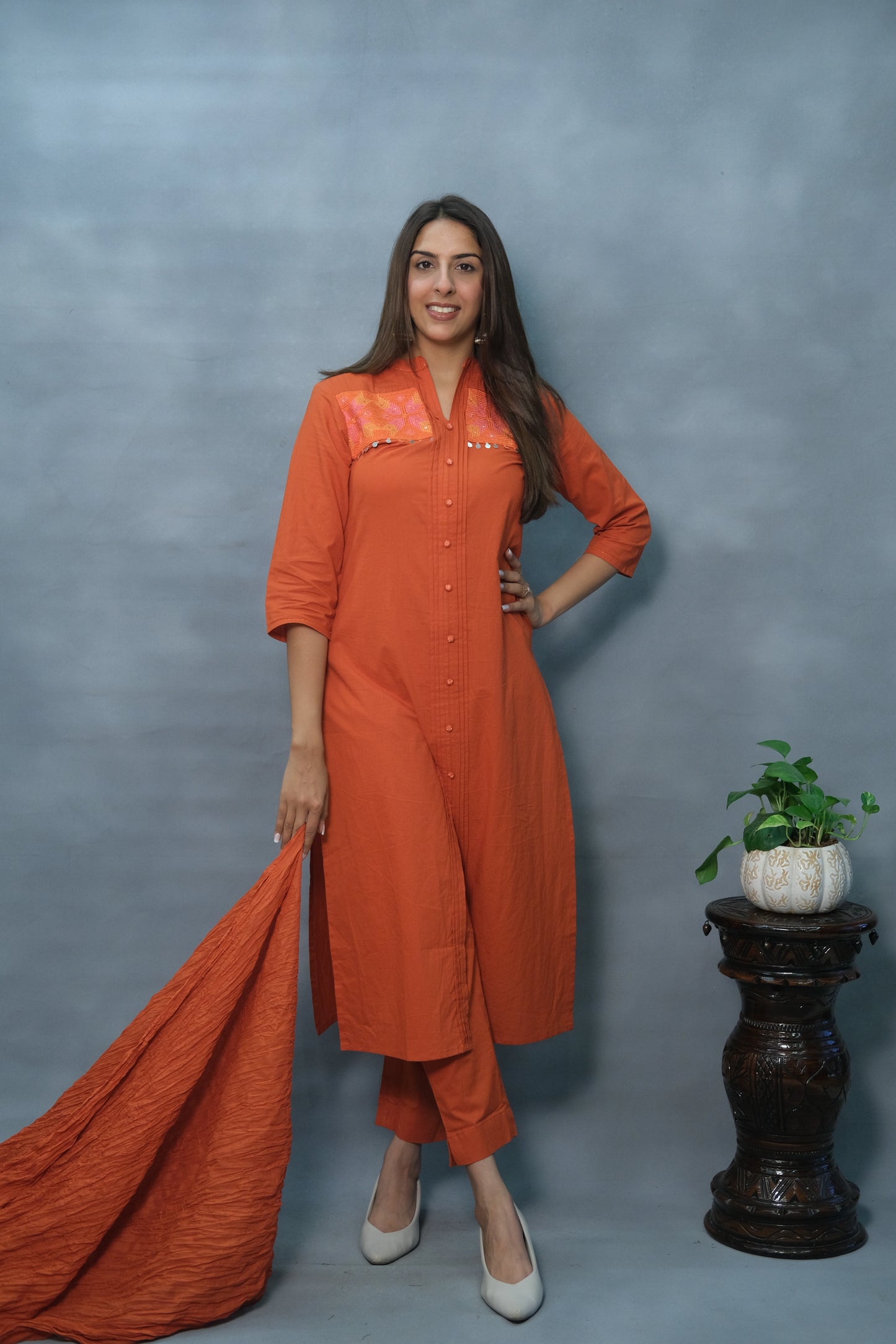 Rust Color Embroidered & Pintex 3-Piece Cotton Suit Set – With Back work