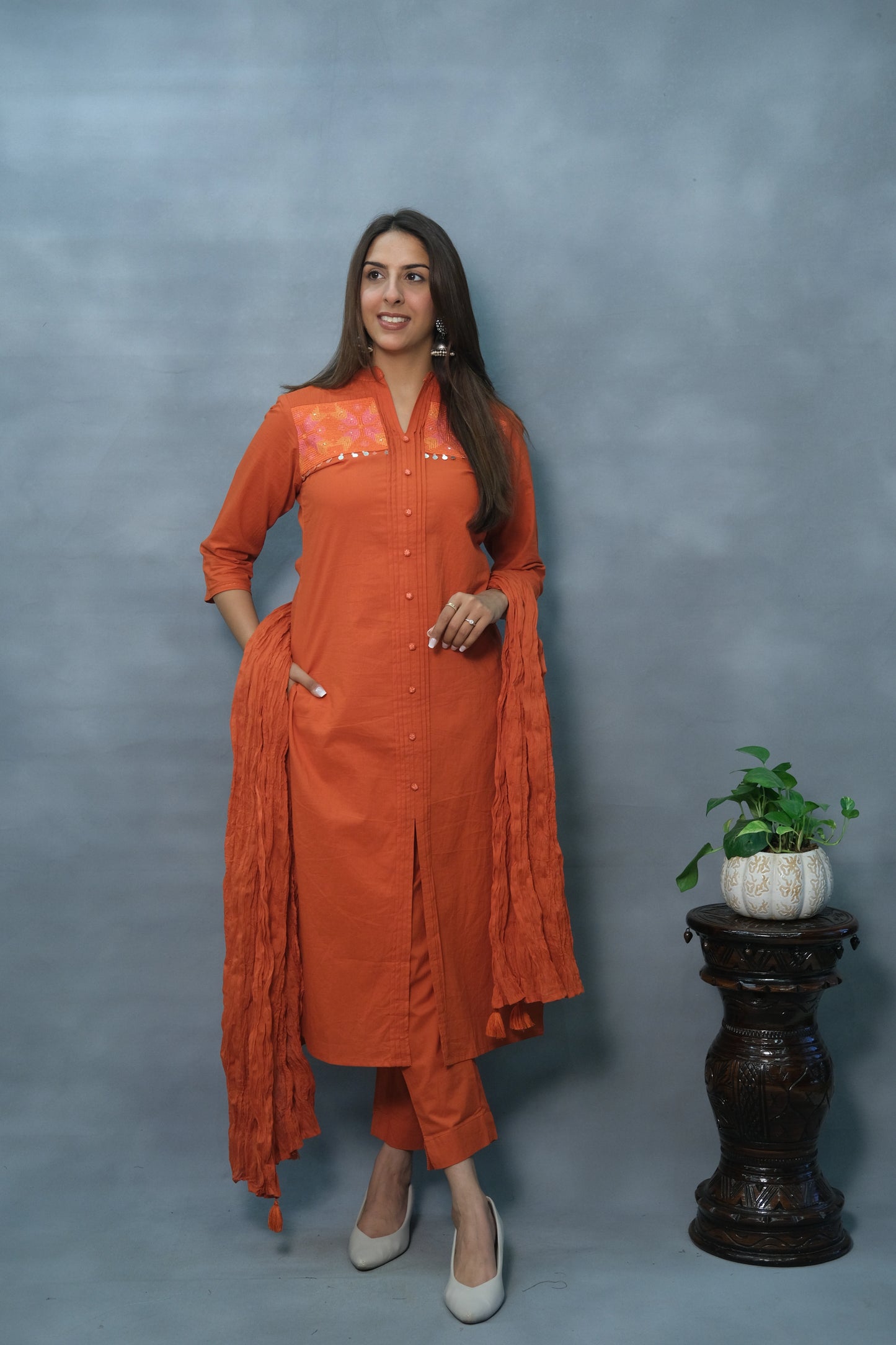 Rust Color Embroidered & Pintex 3-Piece Cotton Suit Set – With Back work