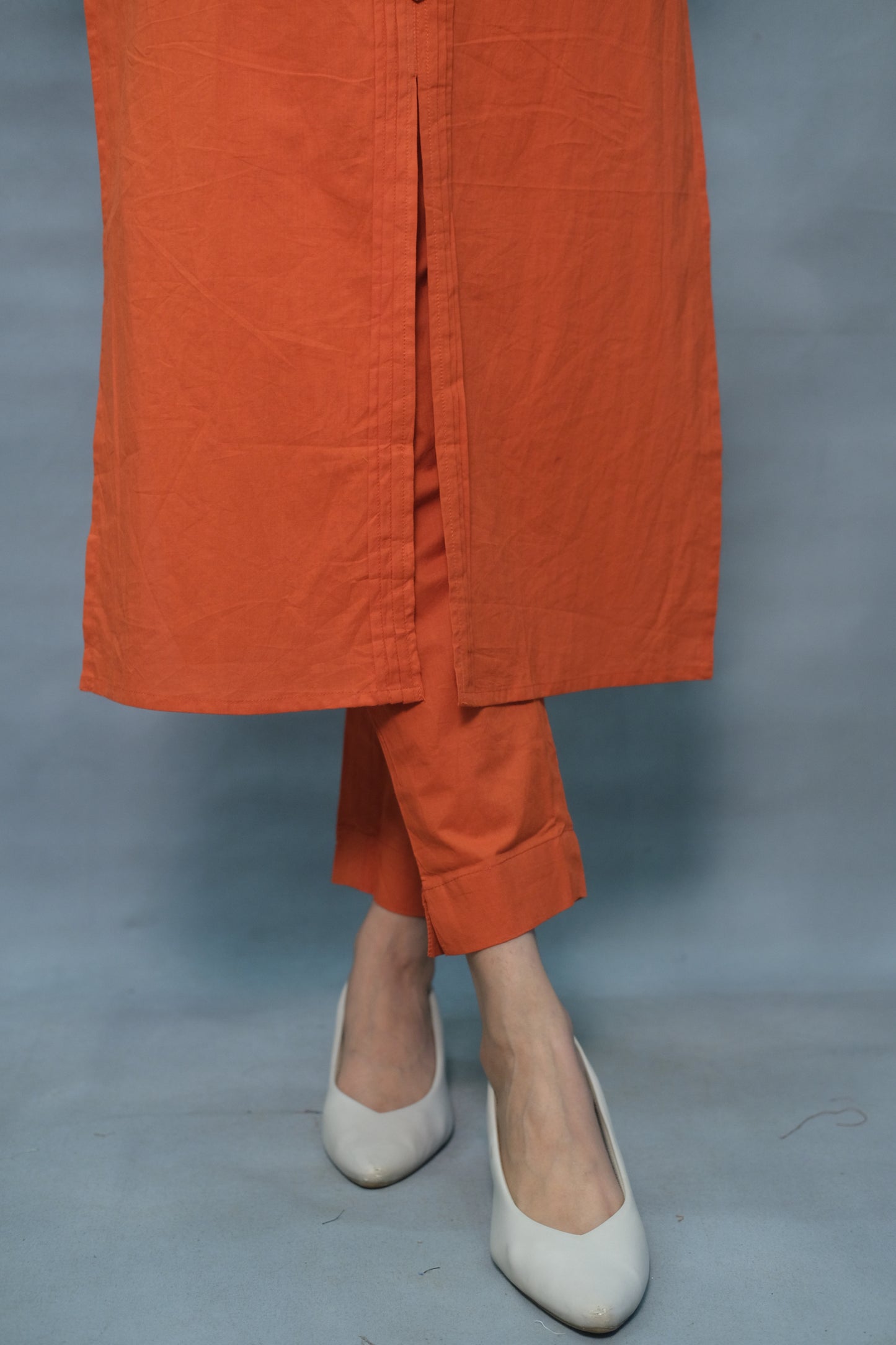 Rust Color Embroidered & Pintex 3-Piece Cotton Suit Set – With Back work