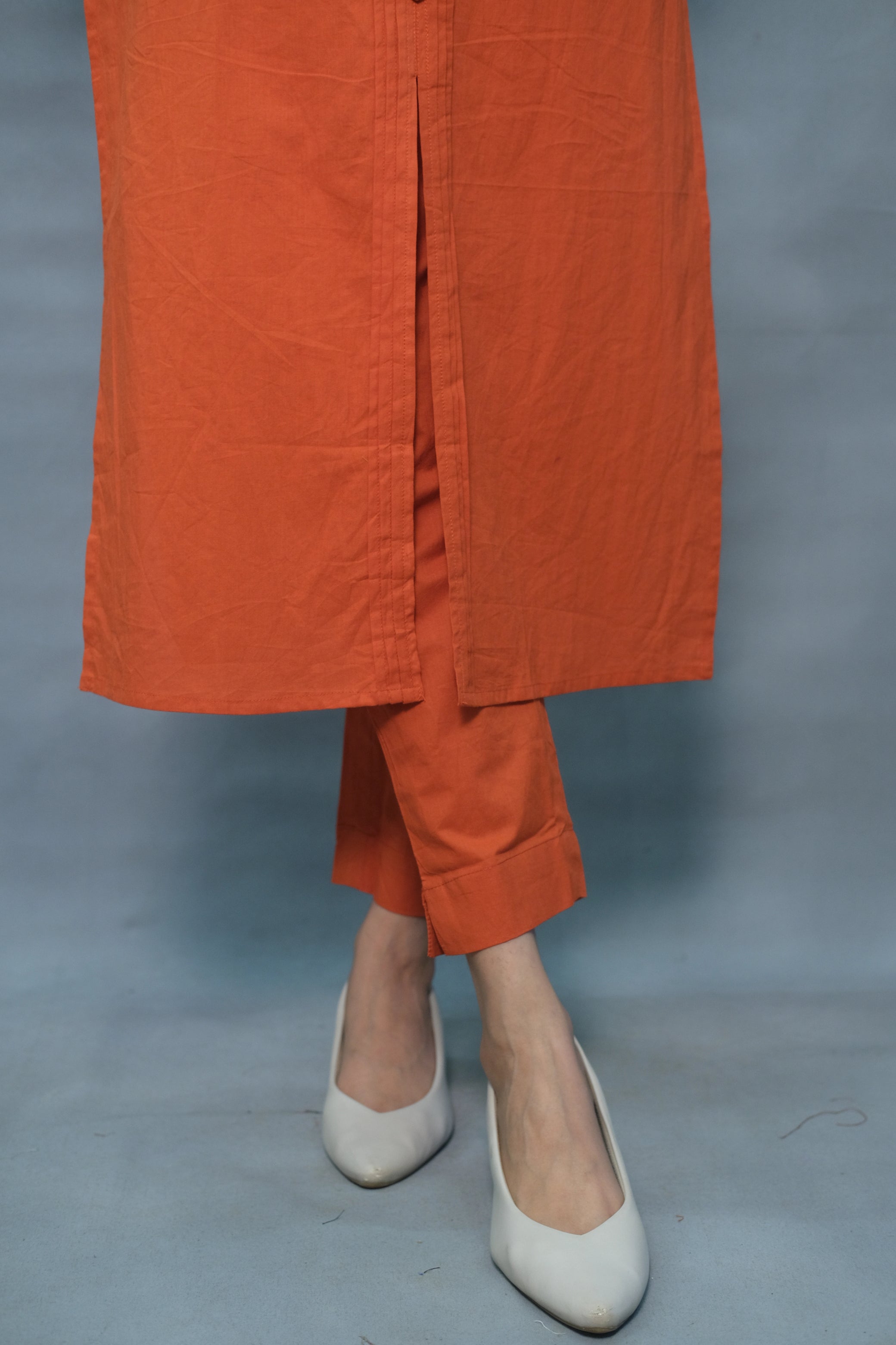 Rust Color Embroidered & Pintex 3-Piece Cotton Suit Set – With Back work